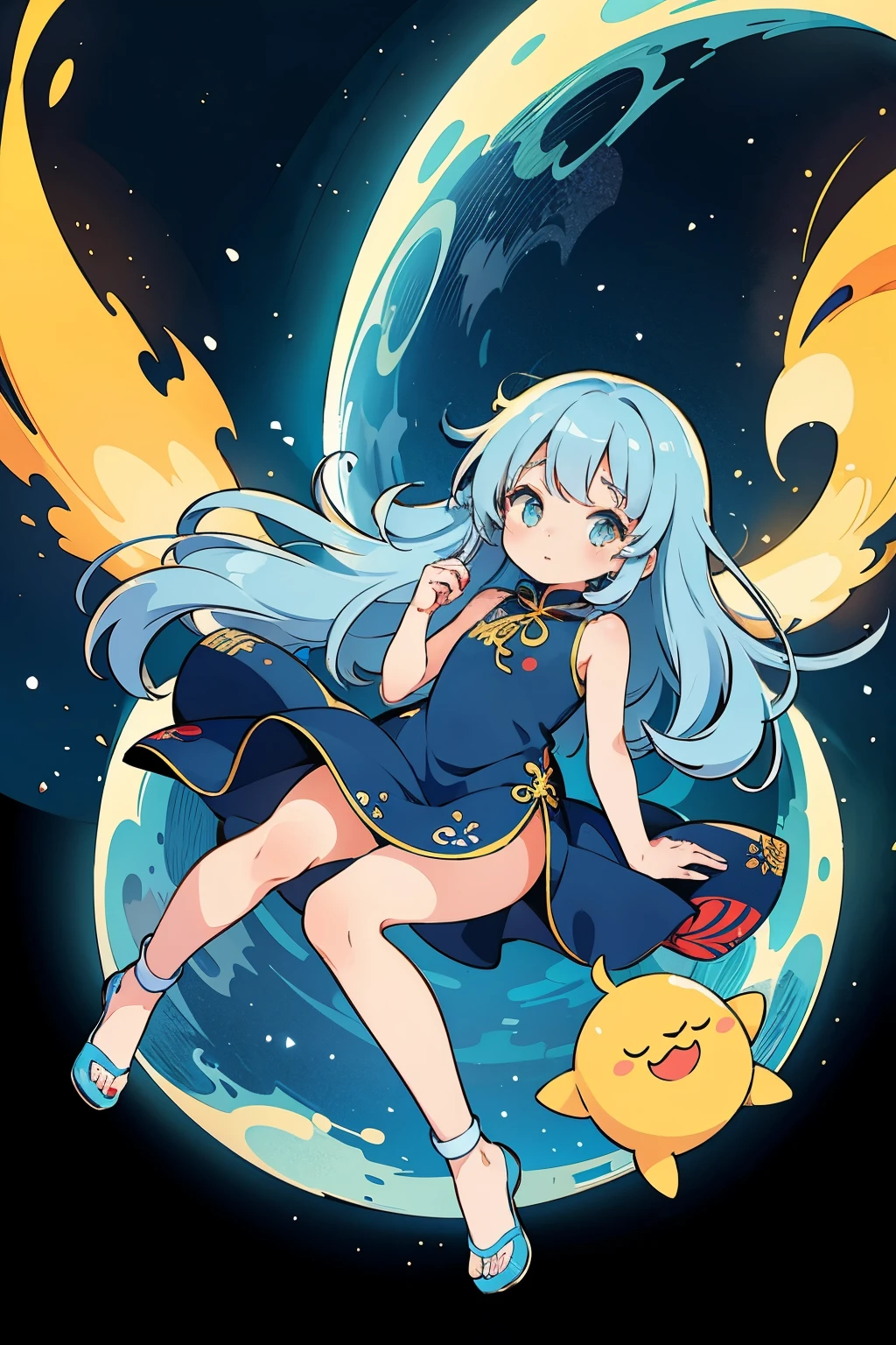 ((highest quality)), ((masterpiece)), (detailed), Perfect hands,Perfect legs,Perfect Fingers,ars behind back   Create an anime-style image of a cute yet mature 14-year-old girl in a chibi (deformed) style with a gravity and planetary theme, against a plain white background. She has a calm and serene expression, with long, flowing light blue hair that gently floats as if in zero gravity. Depict her lying down horizontally, with her body slightly arched, as if she's gracefully floating in space. Ensure that her entire body is visible, from head to toe. Her hands are tucked into her sides, adding to the relaxed and carefree atmosphere. She wears a traditional Chinese dress, specifically a cheongsam (qipao), in a vibrant yellow color, with cosmic-themed patterns and colors. The dress is sleeveless, emphasizing her arms and shoulders. Accessories such as small planets or stars are attached to her hair and outfit. Focus on the character's details, and emphasize an adorable yet mature appearance, without any surrounding objects.beautiful fingers,beautiful hands,fingertip,nail,