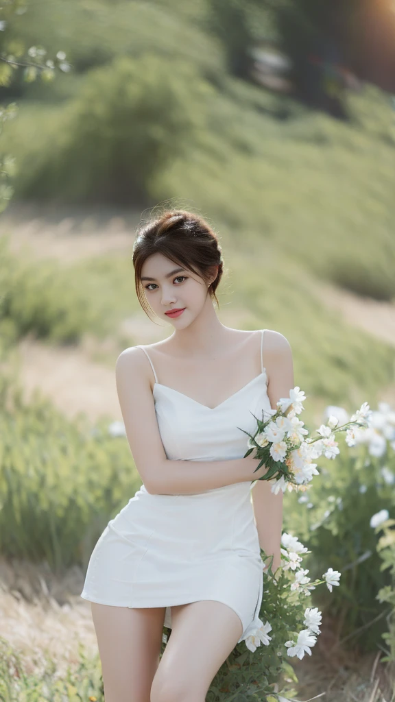 (masterpiece), best quality, expressive eyes, perfect face, 1girl, 18 years old, mature body , black eyes,half updo, medium hair, big breasts, black hair,stand, lower lashes, thigh, school background,perfect curve, white dress, puffy,girl,Ahyoung