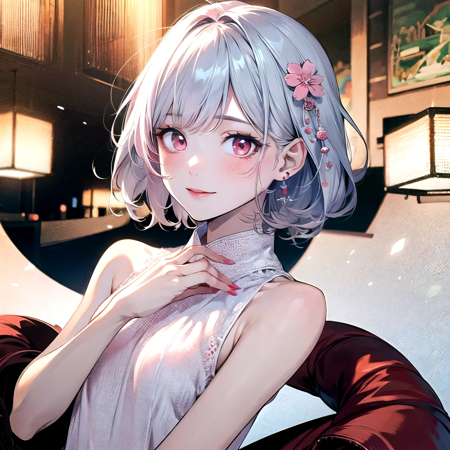 ((best quality)), ((masterpiece)), (detailed), perfect face. Asian girl. White hair. Short hair. Pink eyes. Inner pink hair. Topless. Small breast.