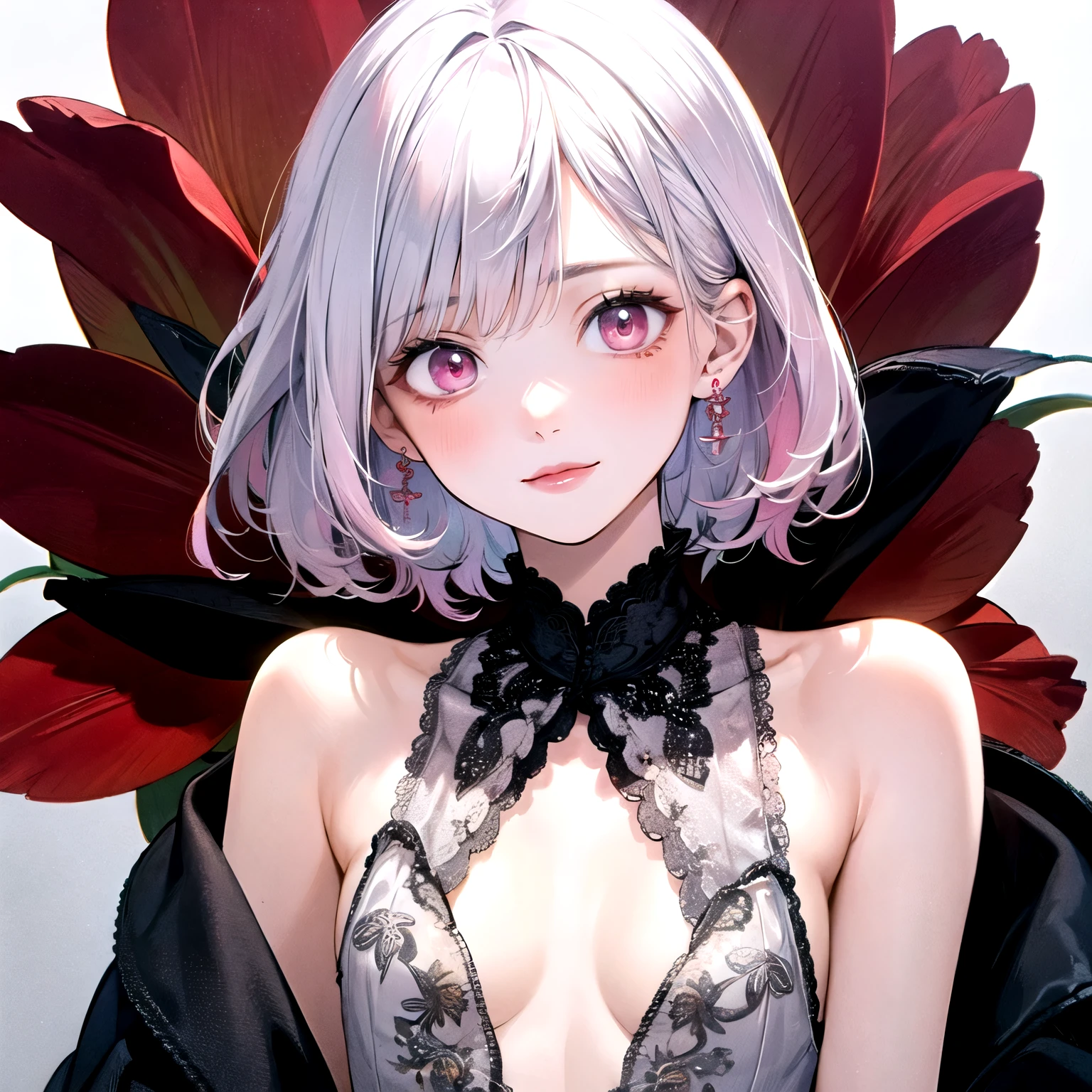 ((best quality)), ((masterpiece)), (detailed), perfect face. Asian girl. White hair. Short hair. Pink eyes. Inner pink hair. Topless. Small breast.