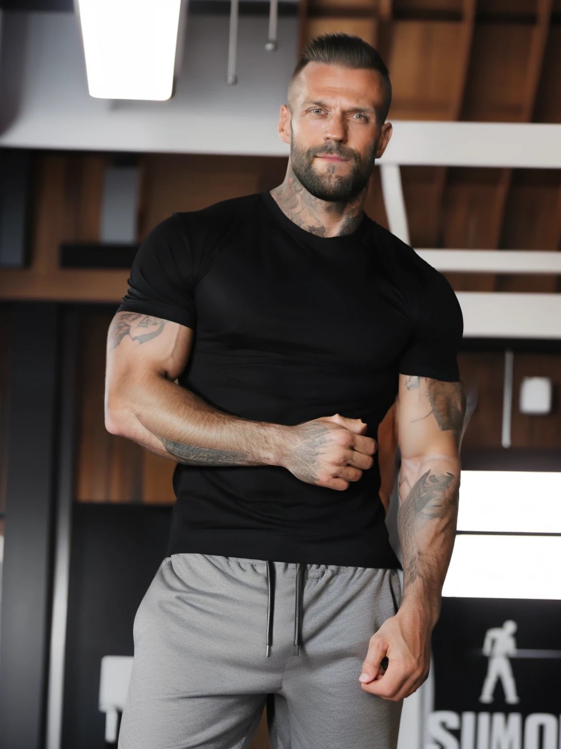 tall handsome man with very short beard, daddy, tattoos, lean fit body, black shirt, 30yo, dynamic lighting, lean body, black belt, silver emblem on shirt, character sheet, man spread, laid back personality, full body, silver grey short hair, gym shorts, gym shoes, muscle thighs, white socks,