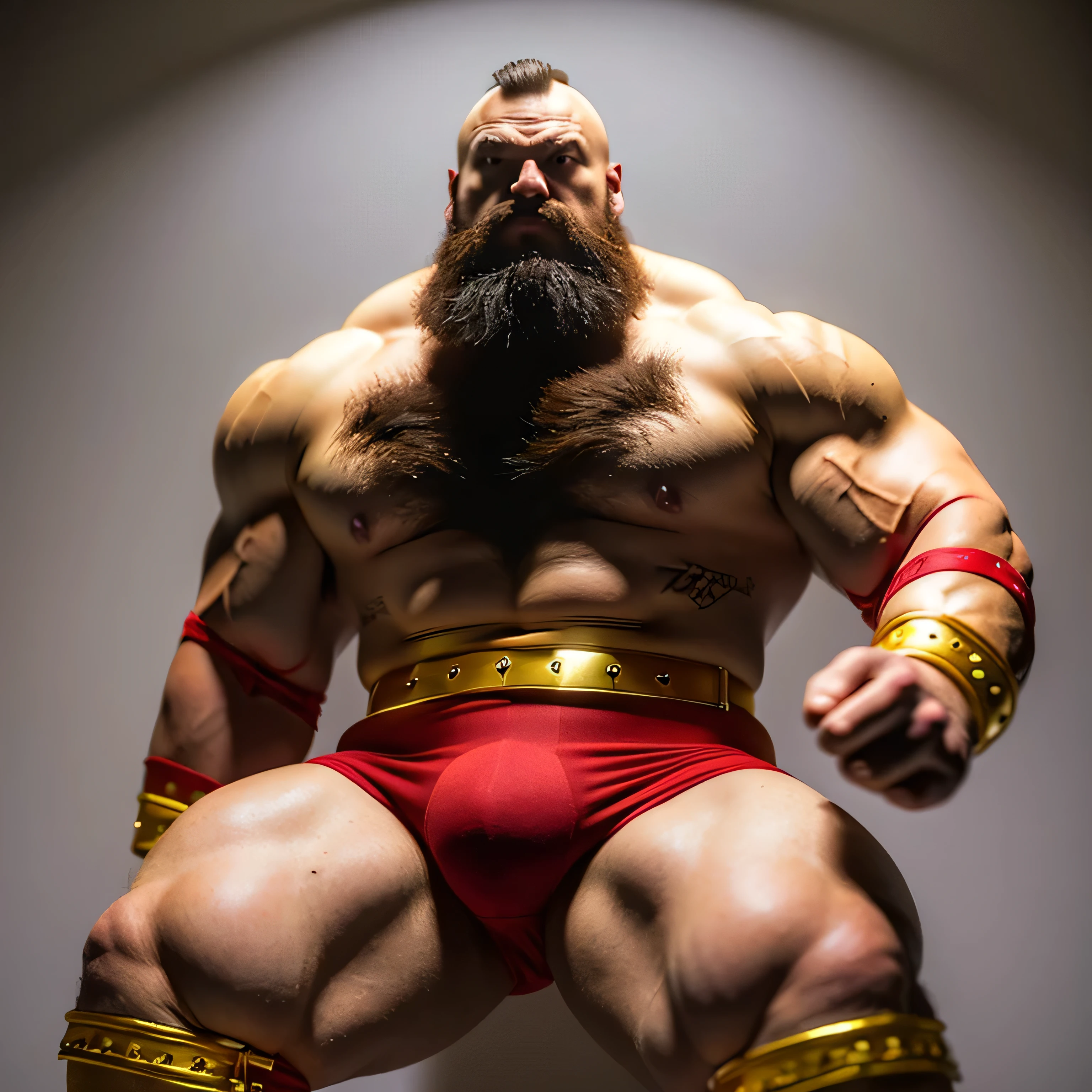 zangief,a man with a beard and a golden belt, fighting game character, street fighter 5,muscled humanoid,heavy looking,buff man,wrestler,Red short briefs,capcom,street fighter,shirtless,muscular male,chest hair,visually weighty,bearded man,mohawk hair,Red Wrestling Boots((best quality)), ((masterpiece)), (detailed), perfect face
