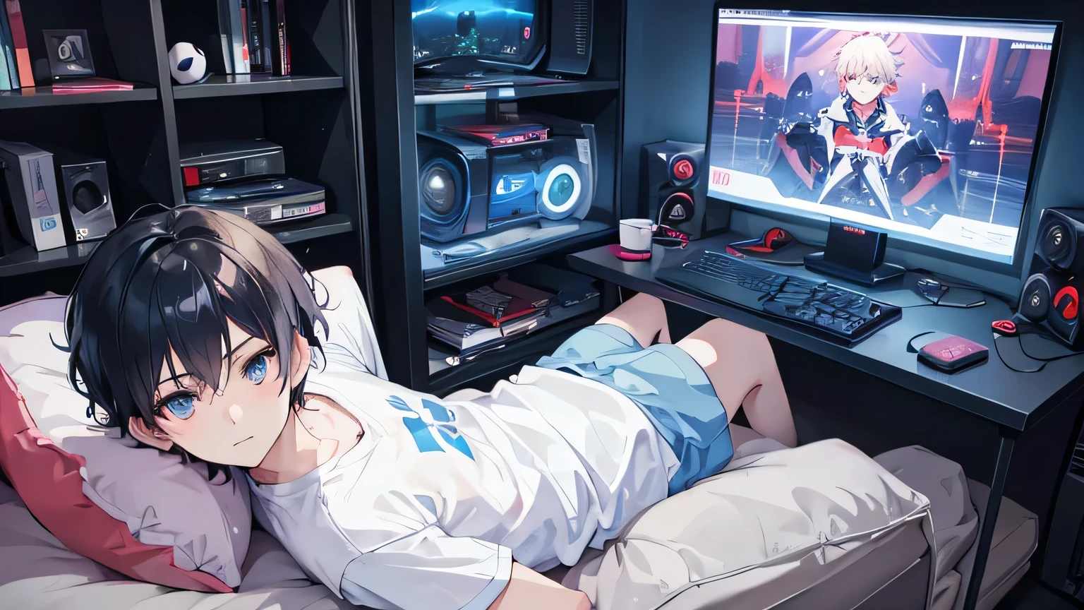 anime, boy, gamer, play a game in front of computer, gaming bedroom