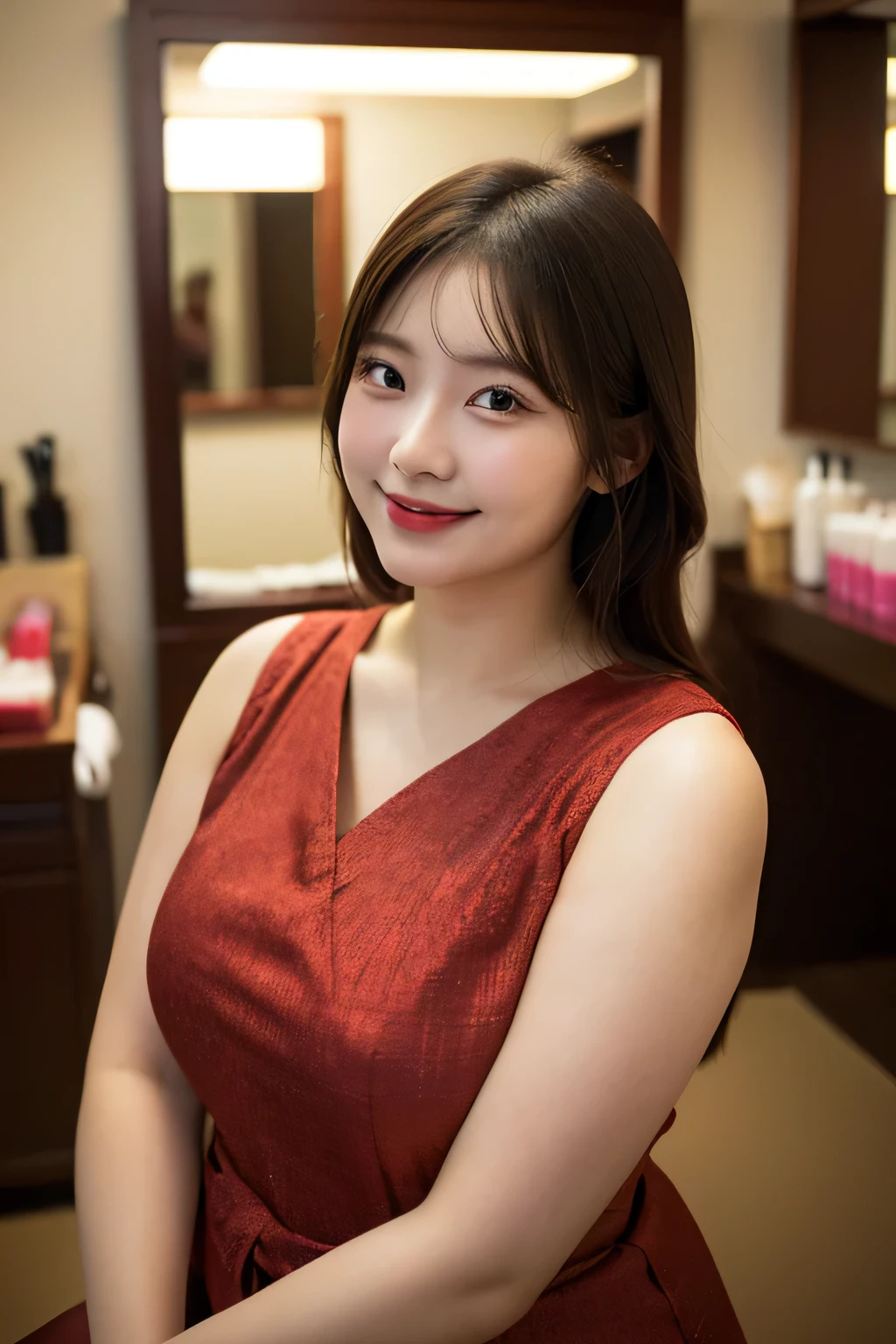 8k,high quality,high resolution,One woman,smile,(tall),whole body,young woman,Japanese,smile,Dress,Plump:2.2,Chubby woman:2.2,Beauty Salon,,