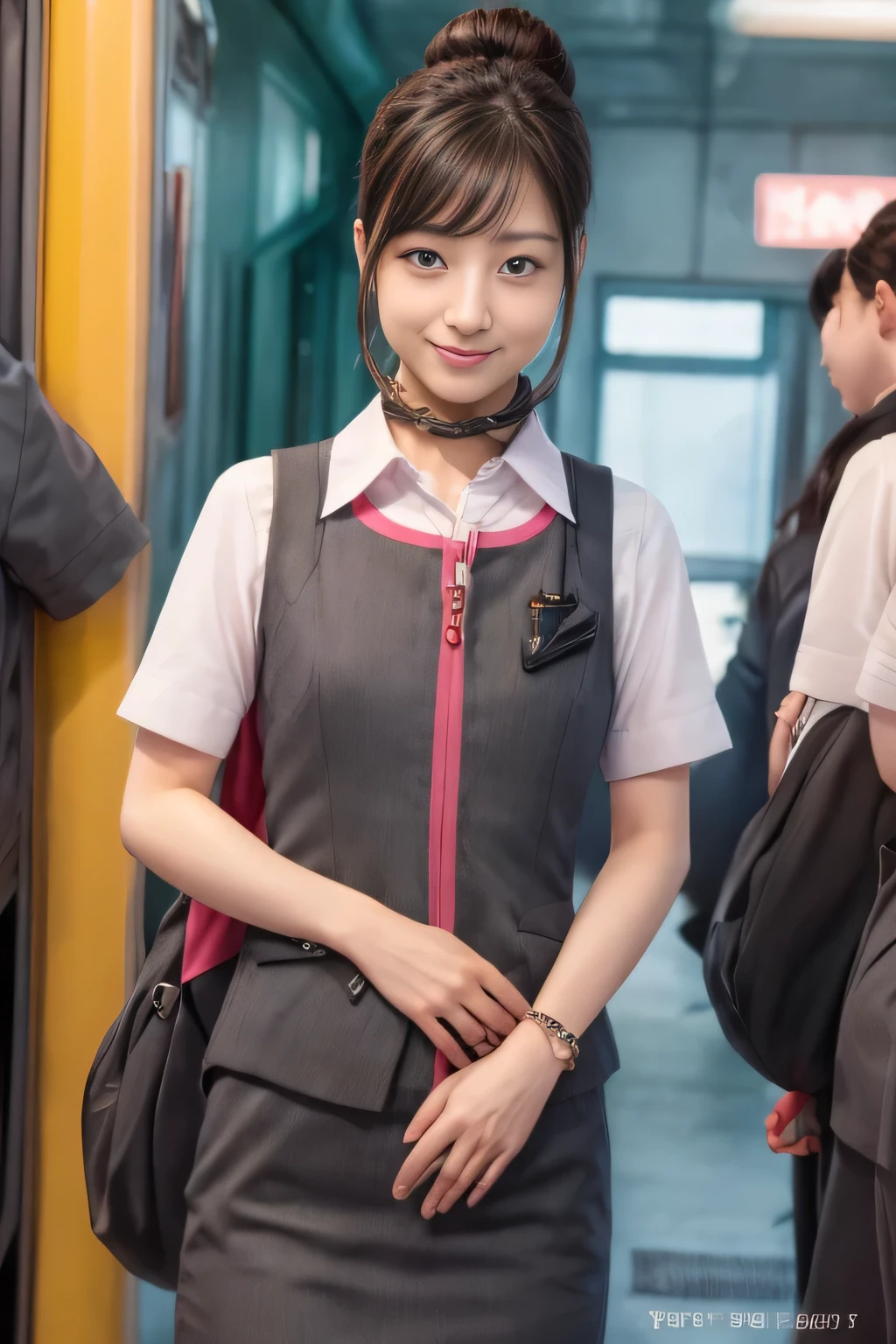 (masterpiece:1.2, highest quality:1.2), 32K HDR, High resolution, (alone、1 girl)、（At the station platform、Professional Lighting）、Station Background、（Realistic style wearing JR GranClass attendant uniform）、Blouse with short sleeves、Scarf around the neck、（JR GranClass attendant uniform with pink parts on the sleeves of the skirt）、（JR GranClass attendant uniform with pink stripe on the front of the vest）、Dark brown hair、（Hair tied up、Bun Hair、Chignon）、Dark brown hair、Long Shot、（（Fine hand：2.0）），（（Harmonious body proportions：1.5）），（（Normal limbs：2.0）），（（Normal finger：2.0）），（（Delicate eyes：2.0）），（（Normal eyes：2.0））)、Luxury Necklace、smile、Beautiful standing posture,Place your hands around your stomach