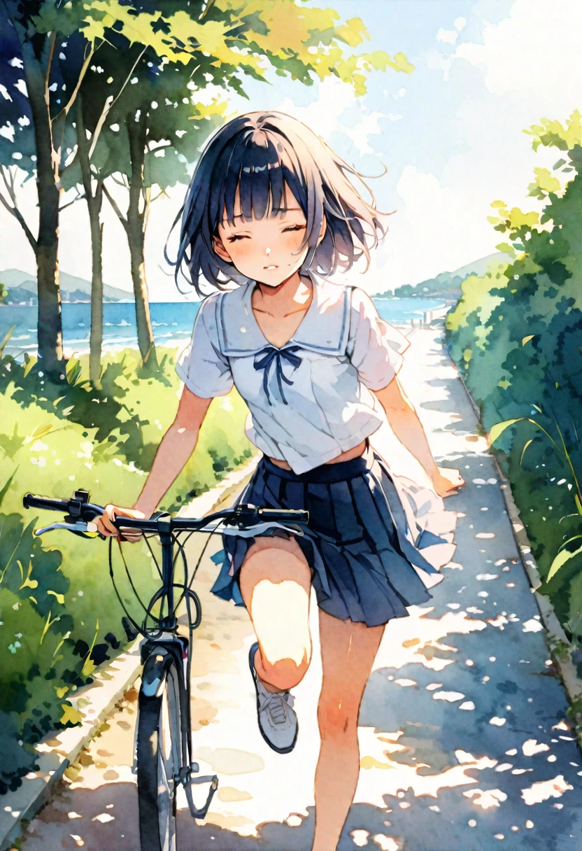 8k,best quality, masterpiece, ultra highres, ultra-detailed:1.2,japanese girl running on a bicycle,(16yo,beautiful detailed face,(navy hair-color,wavy-short hair),parallel eyebrows,closed eyes,blunt bangs,small nose, fresh lips,small breasts),BREAK,white school blouse,Dark blue pleated skirt,summer,early morning,(Watercolor:1.3),A road with a view of the sea,