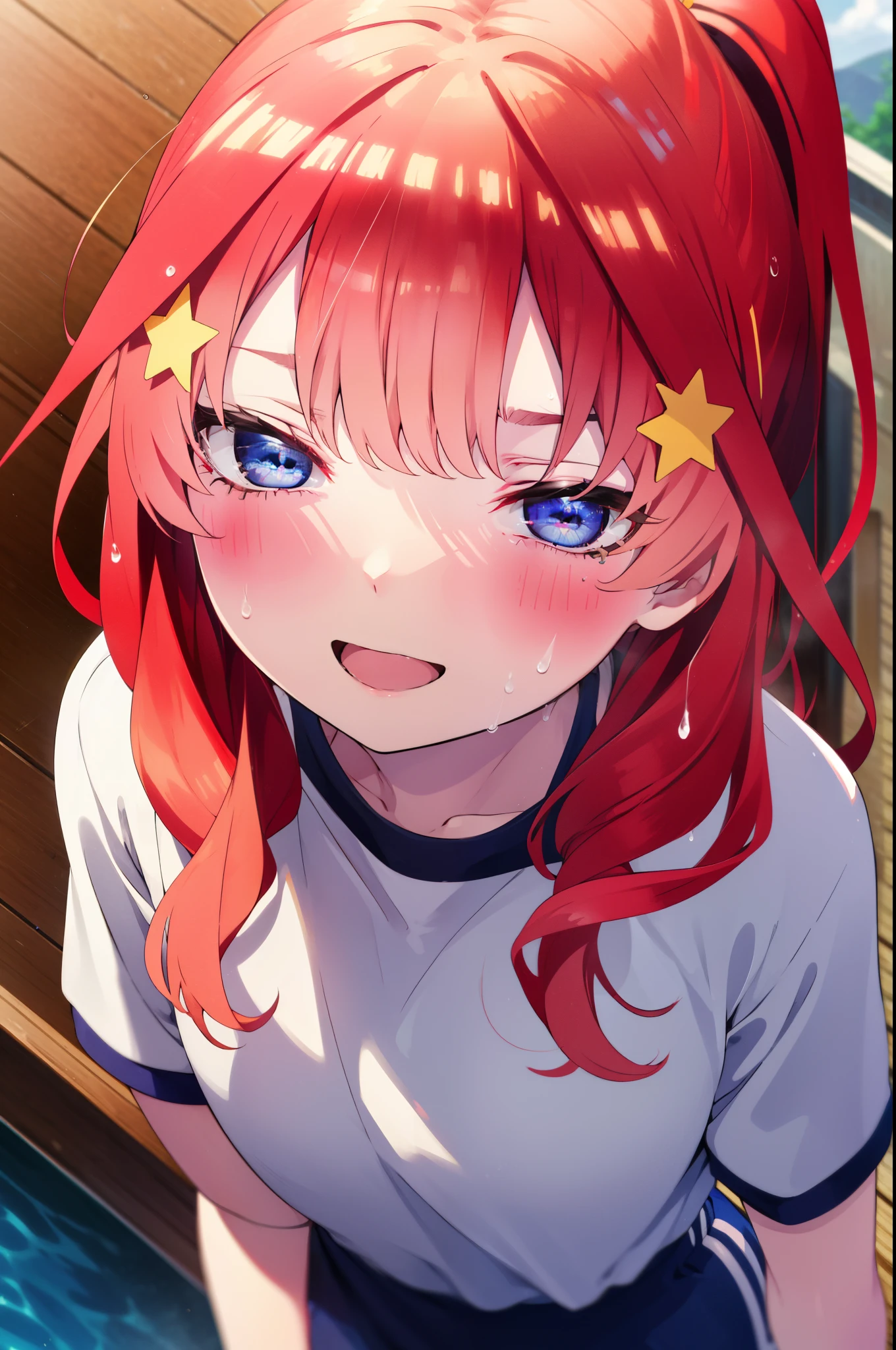 itsukinakano, Itsuki Nakano, bangs, blue eyes, Hair between the eyes, Ahoge, Redhead, star \(symbol\), hair ornaments, star hair ornaments,ponytail, smile, happy smile, smile, Open your mouth,smile,Sweat,Wet Skin,Wet clothes,Sportswear,Bloomers,sneakers,whole bodyがイラストに入るように,running,Looking up from below,
break outdoors ,School,グラウンド
break looking at viewer, whole body,(Cowboy Shot:1. 5) ,
break (masterpiece:1.2), highest quality, High resolution, unity 8k wallpaper, (shape:0.8), (Beautiful details:1.6), Highly detailed face, Perfect lighting, Extremely detailed CG, (Perfect hands, Perfect Anatomy),