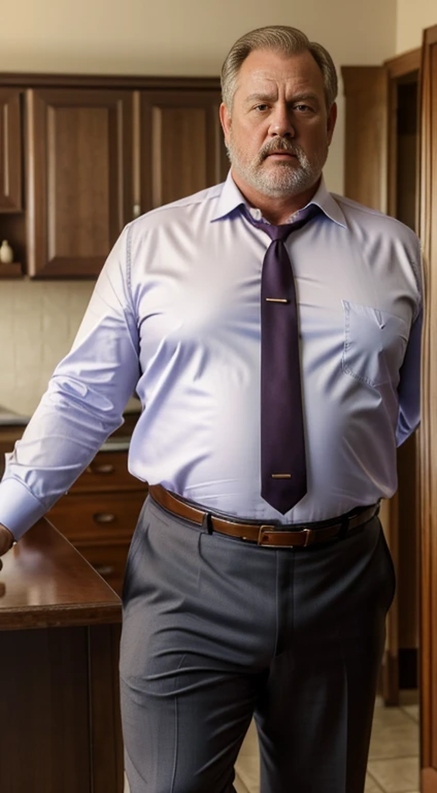 (best quality,4k,8k,highres,masterpiece:1.2), age 60, white man detective , horny disgusting, muscular chubby, kind, open shirt, mature daddy, Dress Pants with big hard bulge, hairy chest hard nipple, belt, loafer,