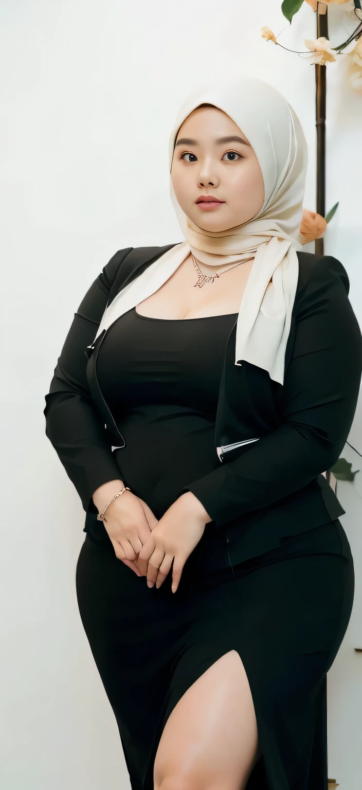 realisitic、Curvaceous woman in long hijab standing alone, Woman in black business suit with hijab, with a business suit on, businesswoman, Woman in business suit with hijab , Wearing a white collar shirt under a suit、thick skirt、tight skirts、Girl in a suit, female in tight office dress, , Girl in suit, young business woman, in a business suit, business outfit, Wear a suit、Office Suits、、professional photograpy、Does not expose the skin, Japanese Models,、,The skin is not exposed、fleshy body, large boob、 hard 、、big butts、Big belly、thick waist、Body without tone、thick thight、thick arms、Round face、Fat face、chubby cheeks、Sauce order、big eye、A dark-haired、short-haired、Standing facing the front、Left hand pose on the hip、Right hand is down in a pose、Straight back posture、Sun background、chinese-Indonesian woman  , full body , bracelet , necklace ,  , short hairstyle , fat belly , thick hips , dark room , baby face , chubby cheeks , black room , wearing sneakers 
