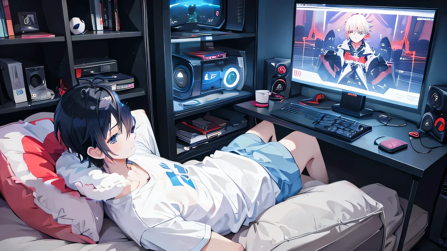 anime, boy, gamer, play a game in front of computer, gaming bedroom, watching monitor