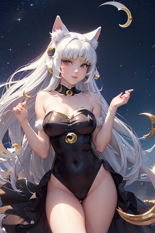 Masutepiece: The Moonlit Mew - An Extremely Detailed CG 8K Wallpaper
(beautiful fur, Moon shimmer, Moonlight glow, Round eyes, Whiskers, Soft fur, graceful tail:1.5),(Vivid colors, Realistic, hyper realisitic:1.5),(Curve, Precious, Mischievous:1.5),(Fluffy white, Silver fur, Glowing eyes:1.5),(Moonlit scene, Night scenery, Stars, Silhouette, Crescent moon, Crater:1.5),
(Cute and cuddly, Intricate detailes