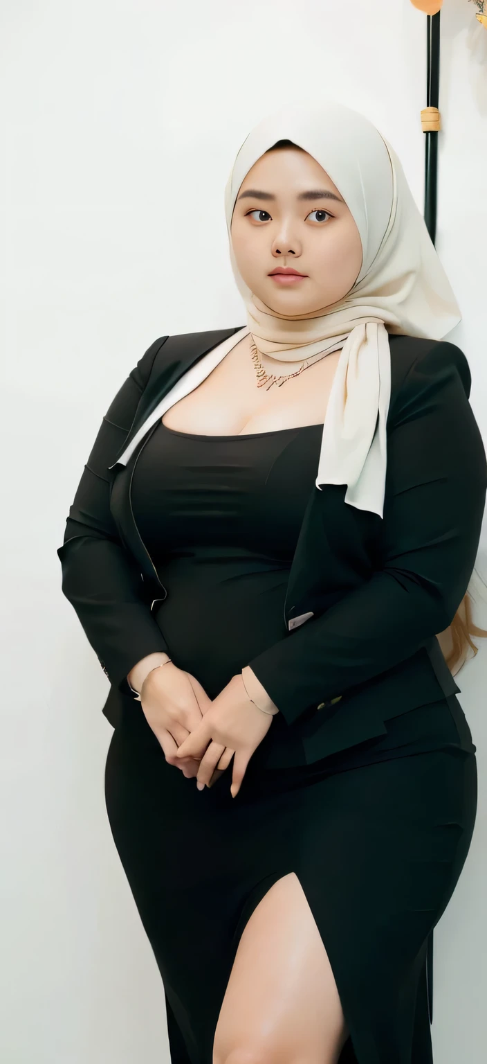 realisitic、Curvaceous woman in long hijab standing alone, Woman in black business suit with hijab, with a business suit on, businesswoman, Woman in business suit with hijab , Wearing a white collar shirt under a suit、thick skirt、tight skirts、Girl in a suit, female in tight office dress, , Girl in suit, young business woman, in a business suit, business outfit, Wear a suit、Office Suits、、professional photograpy、Does not expose the skin, Japanese Models,、,The skin is not exposed、fleshy body, large boob、 hard 、、big butts、Big belly、thick waist、Body without tone、thick thight、thick arms、Round face、Fat face、chubby cheeks、Sauce order、big eye、A dark-haired、short-haired、Standing facing the front、Left hand pose on the hip、Right hand is down in a pose、Straight back posture、Sun background、chinese-Indonesian woman  , full body , bracelet , necklace ,  , short hairstyle , fat belly , thick hips , dark room , baby face , chubby cheeks , black room , wearing sneakers 