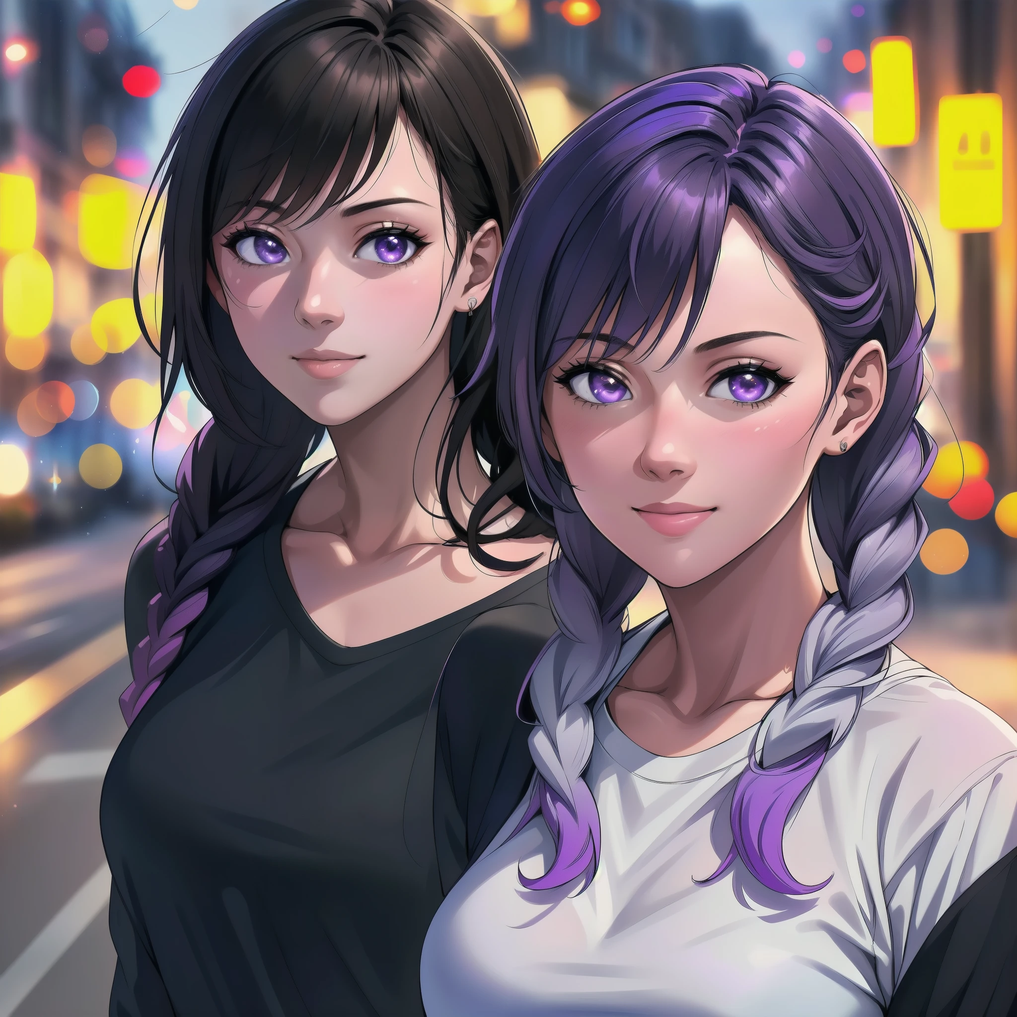 young couple(1 male, 1 woman with purple and white gradient double braids) ,fashion,clear,enhanced details,T-shirt,jeans,smiling,street,sunshine,(best quality,4k,8k,highres,masterpiece:1.2),ultra-detailed,(realistic,photorealistic,photo-realistic:1.37),HDR,UHD,studio lighting,ultra-fine painting,sharp focus,physically-based rendering,extreme detail description,professional,vivid colors,bokeh,portraits