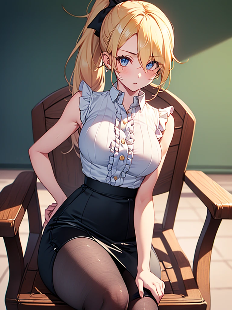 (highest quality, High resolution, perfect pixel, Depth of bounds written, 4K), (chair), (looking up), (detailed eyes), (1 lady), tall, (skinny body:1.2), (thin thighs:1.2), (Narrow hips:1.2), (teacher:1.2), (white sleeveless frilled shirt:1.2), middle breasts, blond hair, (ponytail:1.2), (black pencil skirt:1.2), (slit), (pantyhose:1.2), (sitting), (head rest:1.2), (clear face), 