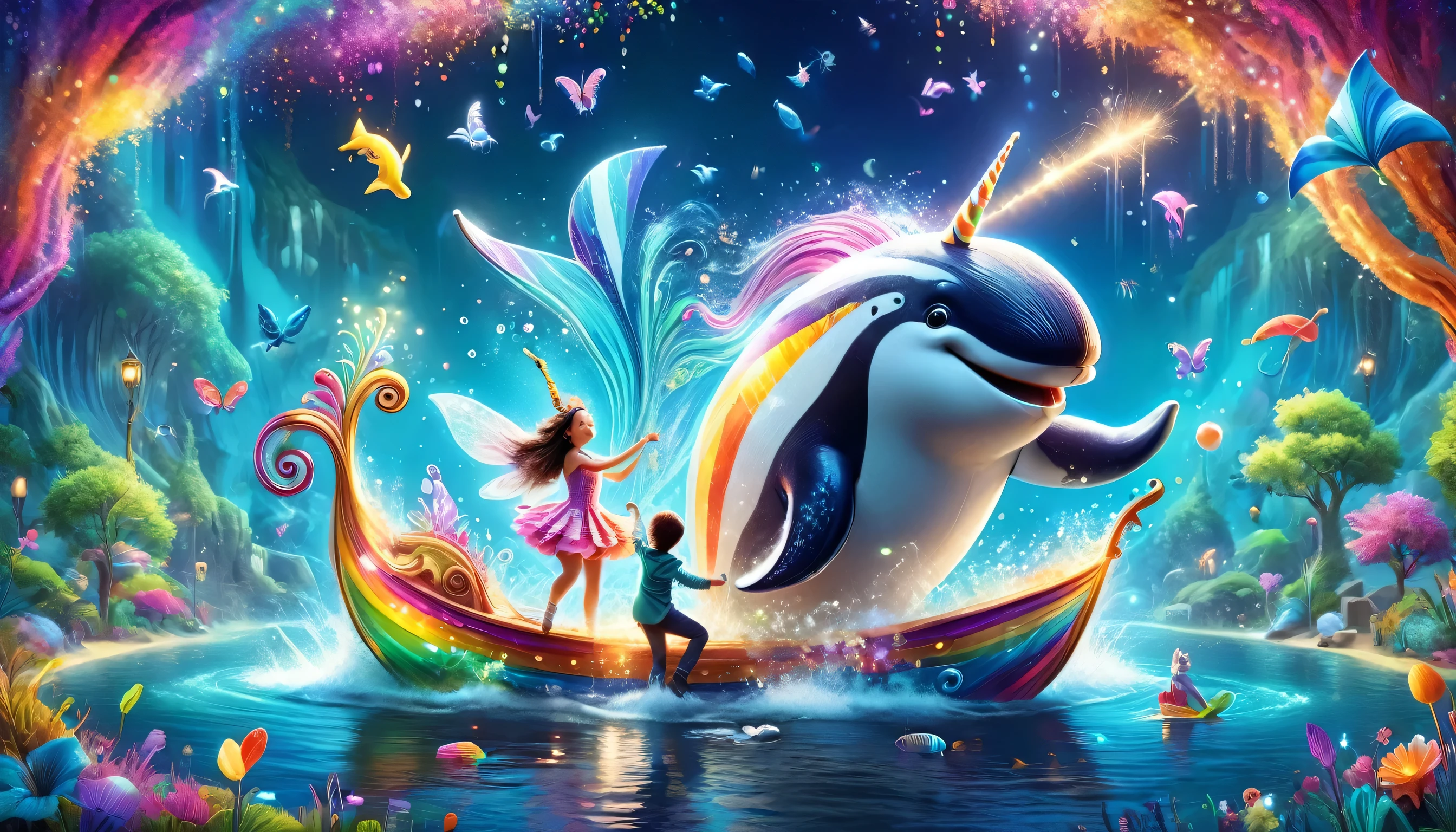 Create a fantastical and unforgettable background scene bursting with color and enchantment, perfect for kids. Show vibrant, imaginative characters dancing, singing, and telling stories in a whimsical, fairy-tale setting. Include a joyful interacting with magical letters, alongside a a whale, , and a zebra. Let the unicorn play a violin as the whale splashes joyfully in a colorful pond, the , and the zebra dances with bold, striking stripes. This playful, mesmerizing world invites children to join the melody of the letters, making each one a delightful and enchanting story that sparks their imagination and leaves a lasting, happy impression