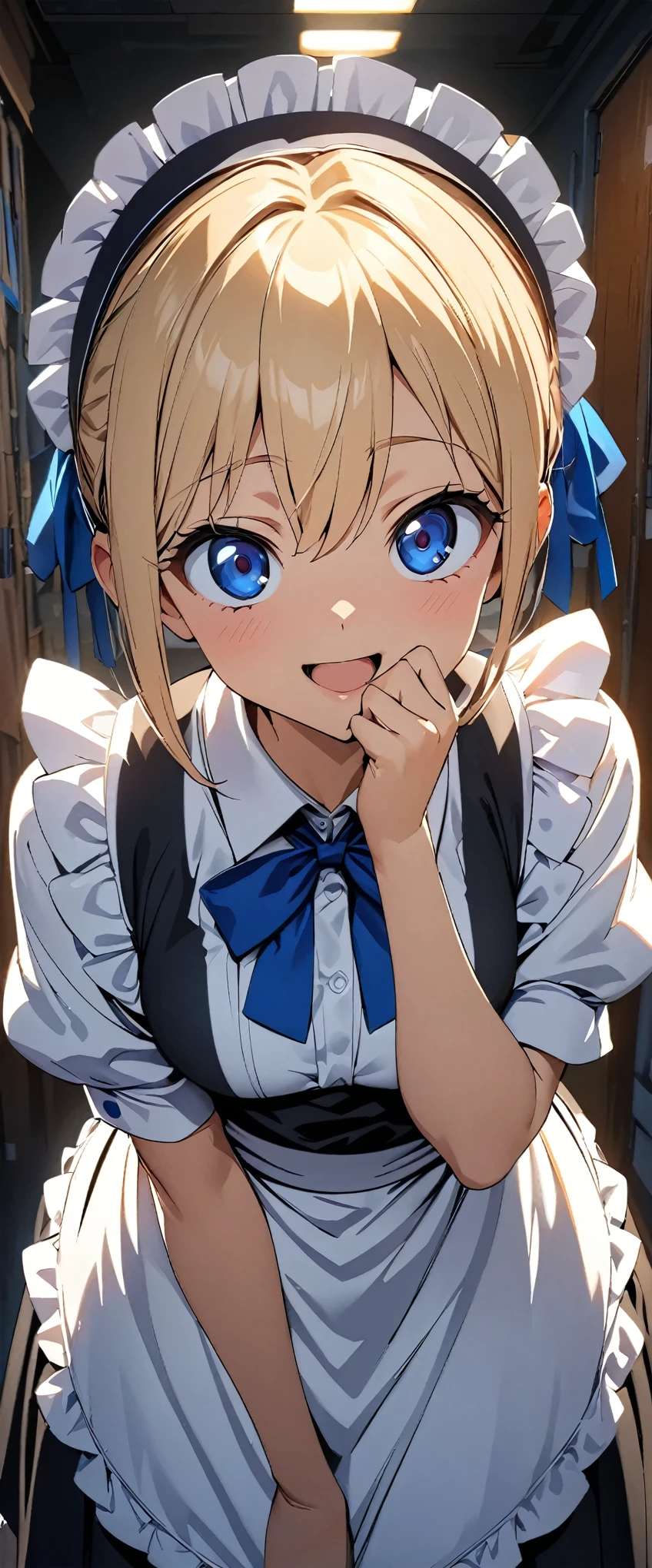 (highest quality:1.2, 4K, 8k, Studio Anime, Very detailed, up to date, Vibrant, High detail, High Contrast, masterpiece:1.2, highest quality, Best aesthetics), (((1 girl))), Leaning forward, Looking up, Maid, Maid服, Blue Ribbon, Frills, Open your mouth slightly:1.2, smile, Cover your mouth with your hands, Get closer, Friendly atmosphere, Fun and young々Shii々Cool vibe, Precision and focus, Striking contrast,