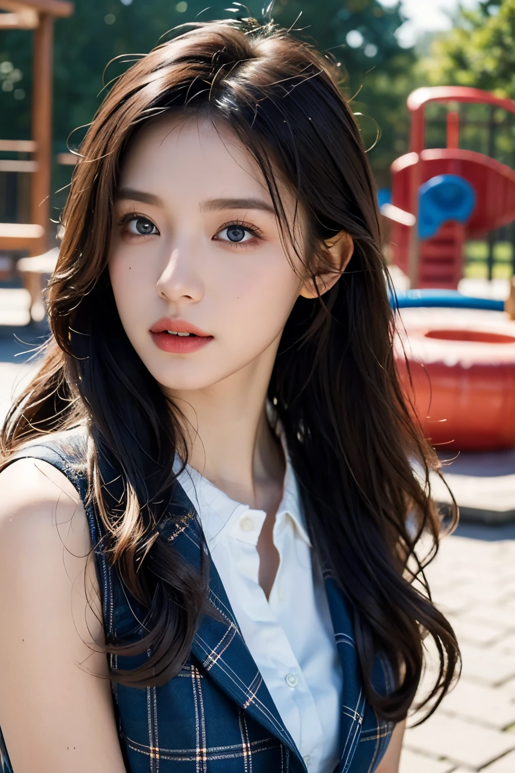 (((masterpiece))),(((best quality))),(realistic:1.1),photorealistic, ultra high resolution, 8K, RAW photos,Professionally color graded, professional photography,very detailed,in detail,(beautiful face), (beautiful detailed eyes,shining eyes),pale skin, glowing skin, (shine light on the face:1),(light on the face:1), 1 woman,long hair,black hair,Heart-Shaped Face,full lips,, plaid skirt, seat, chair,Playground,from below, looking at viewer, checkered vest, 