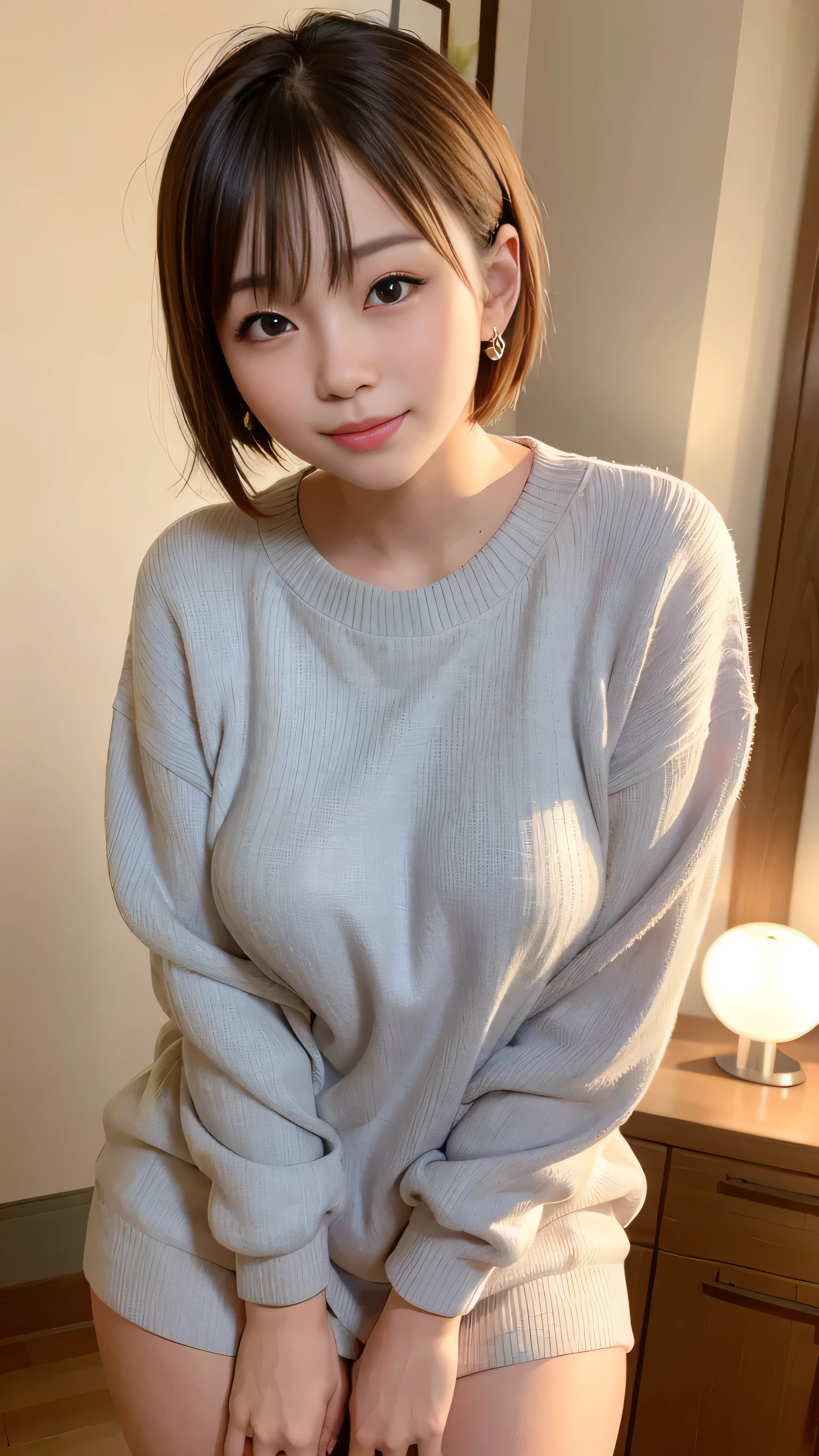Age 25, Japanese, Capture the light, upper_body, Grey sweater,short hair, ,Earrings, RAW Photos, highest quality, (Photorealistic), Suggestive,(smile:0.7)