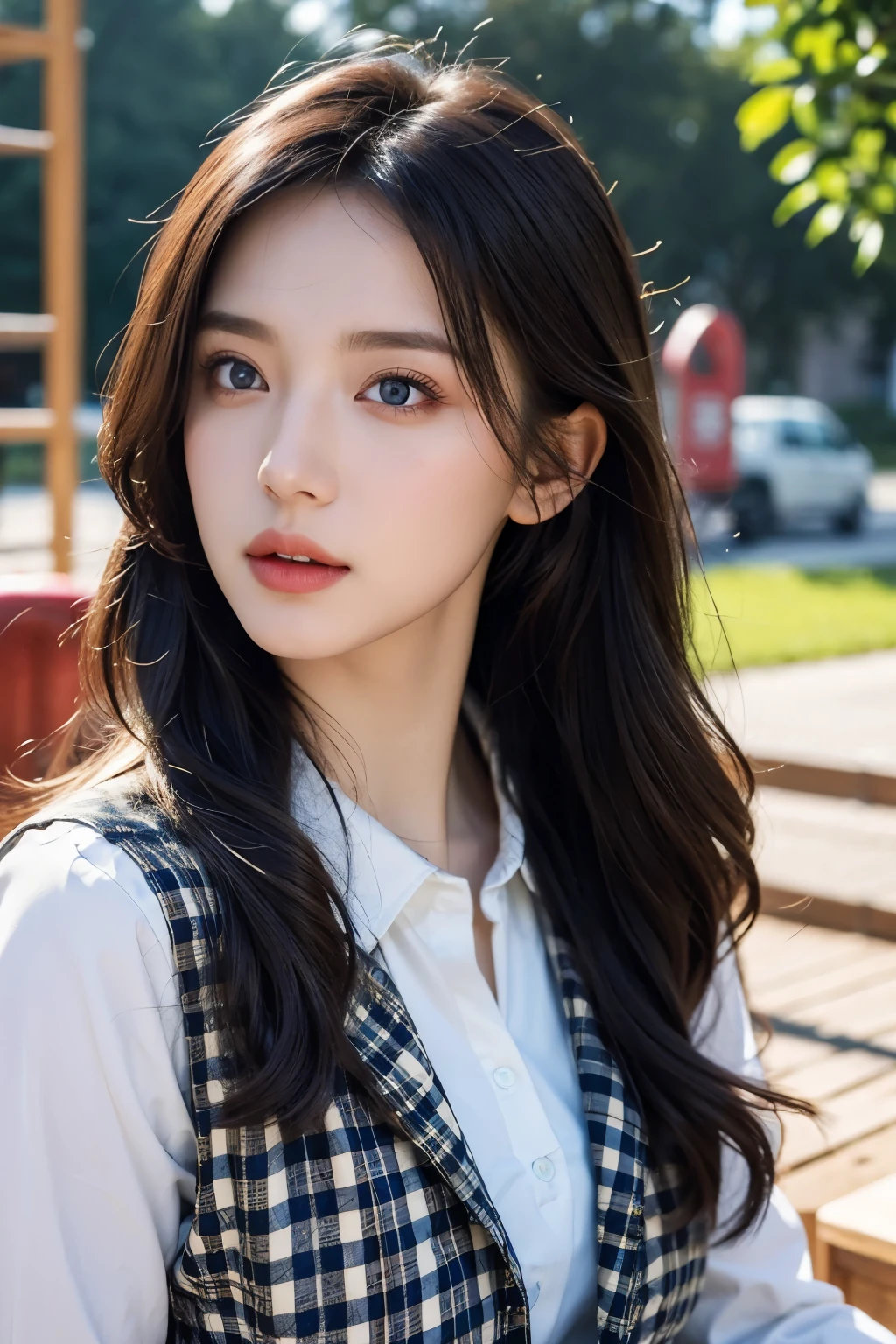 (((masterpiece))),(((best quality))),(realistic:1.1),photorealistic, ultra high resolution, 8K, RAW photos,Professionally color graded, professional photography,very detailed,in detail,(beautiful face), (beautiful detailed eyes,shining eyes),pale skin, glowing skin, (shine light on the face:1),(light on the face:1), 1 woman,long hair,black hair,Heart-Shaped Face,full lips,, plaid skirt, seat, chair,Playground,from below, looking at viewer, checkered vest,