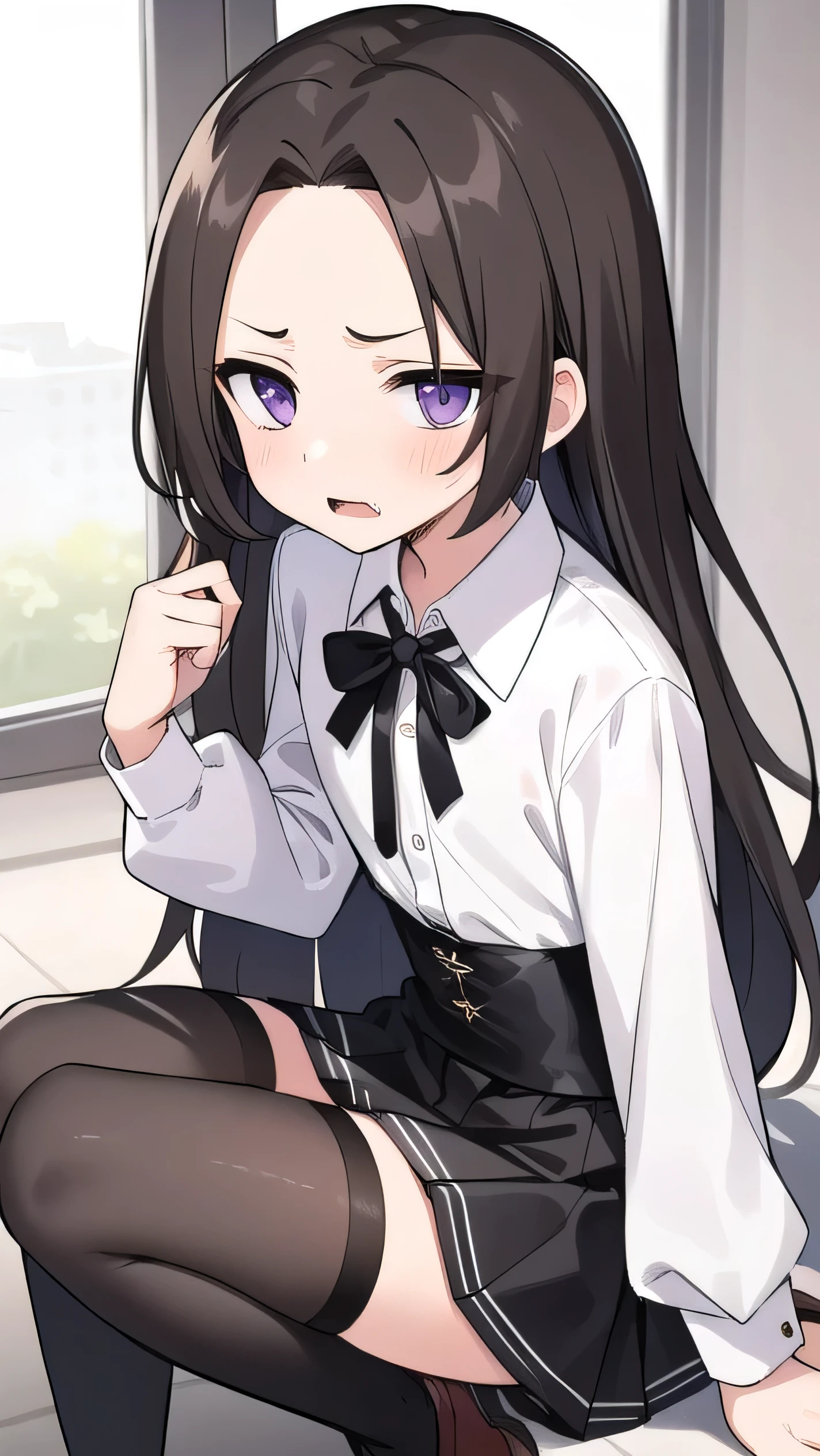 Brown hair, long hair, purple eyes, very short bangs, wide forehead, white shirt, long sleeves, black corset, black miniskirt, black knee socks, middle school student, flat chest , short, narrow eyes, hanging eyes, forehead, straight hair, harness, anger