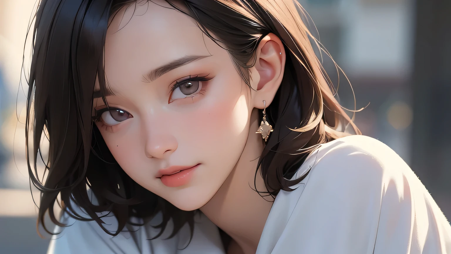 (masterpiece, best quality, 8k wallpaper, high resolution, ultra realistic), ,one girl,20 years old,junior high school girl,(masterpiece:1.2, best quality),(realistic, photorealistic:1.4),one girl,black hair,((masterpiece, best quality)),(RAW photo, best quality),(realistic, photorealistic:1.3),highly detailed,figure,very delicate and beautiful,very detailed,((best quality,8k,masterpiece:1.3)),one girl,laughing,full body esvian,slim face,pretty woman,short bob,(dark brown hair),light shirt,short pants:1.1,ultra detailed face,detailed eyes,double eyelids,blurry background,slim face,city,takeout,street,stay with dog:1.3,pet,staring at dog