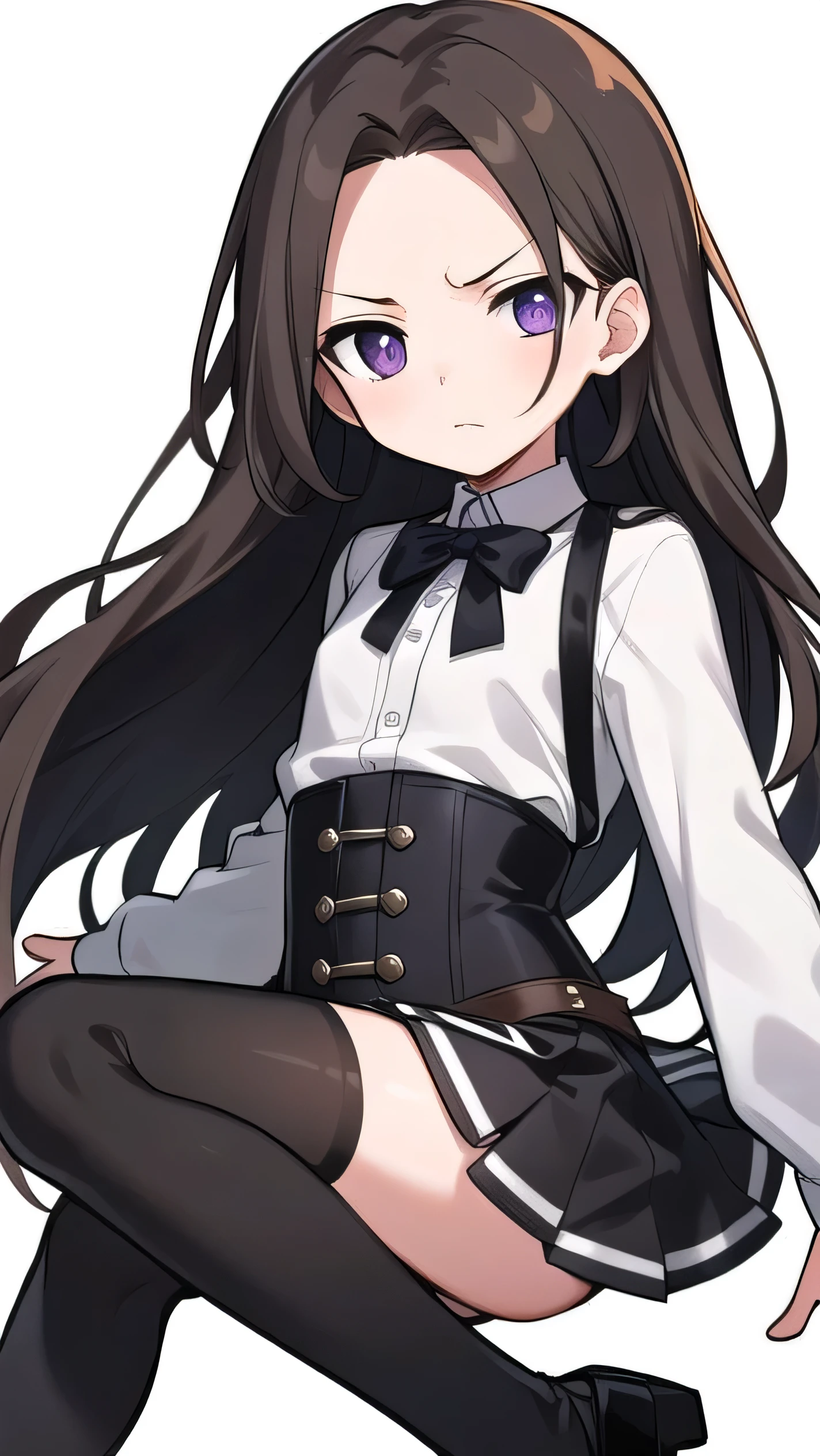 Brown hair, long hair, purple eyes, very short bangs, wide forehead, white shirt, long sleeves, black corset, black miniskirt, black knee socks, middle school student, flat chest , short, narrow eyes, hanging eyes, forehead, straight hair, harness, anger