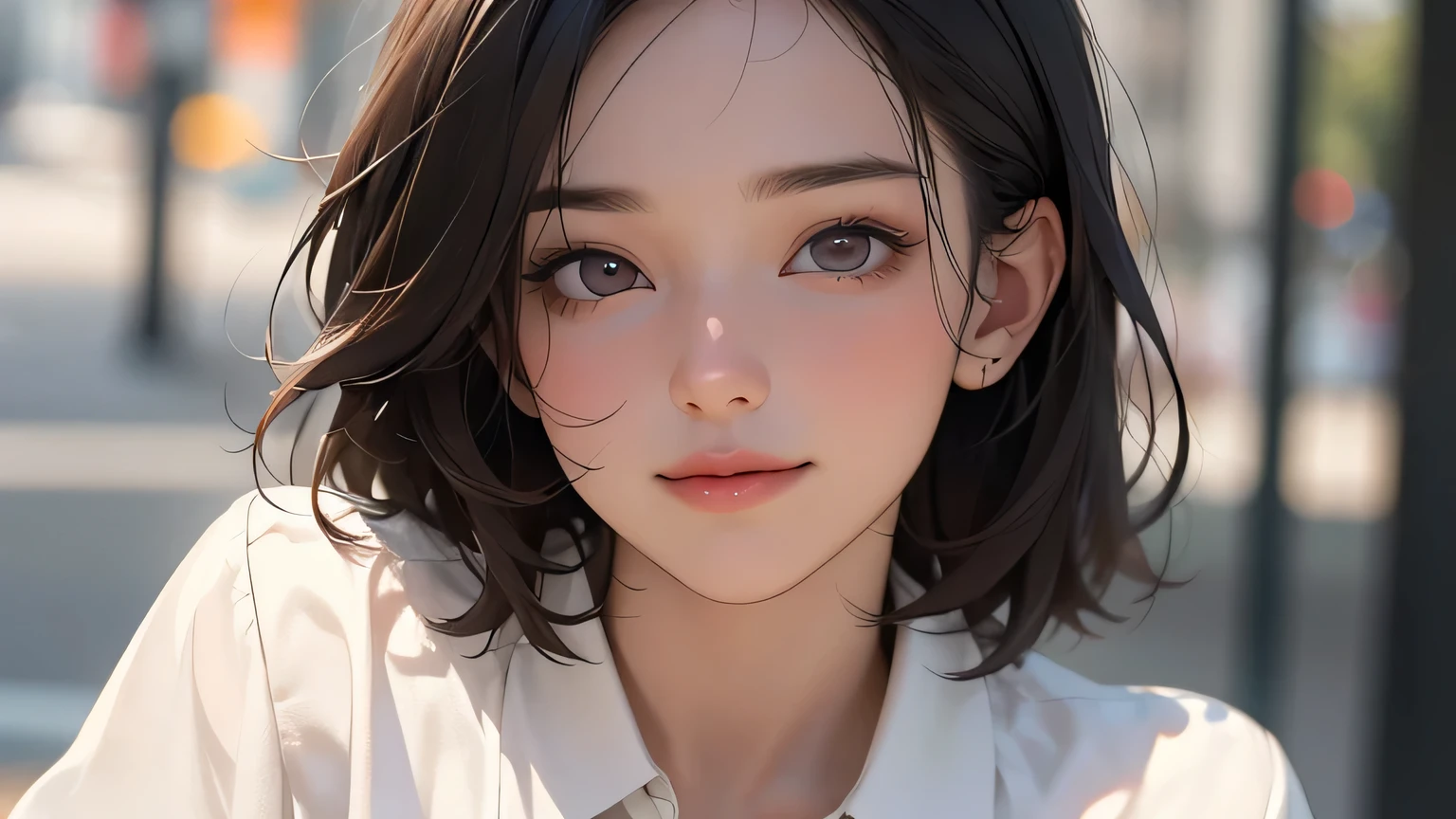 (masterpiece, best quality, 8k wallpaper, high resolution, ultra realistic), ,one girl,20 years old,junior high school girl,(masterpiece:1.2, best quality),(realistic, photorealistic:1.4),one girl,black hair,((masterpiece, best quality)),(RAW photo, best quality),(realistic, photorealistic:1.3),highly detailed,figure,very delicate and beautiful,very detailed,((best quality,8k,masterpiece:1.3)),one girl,laughing,full body esvian,slim face,pretty woman,short bob,(dark brown hair),light shirt,short pants:1.1,ultra detailed face,detailed eyes,double eyelids,blurry background,slim face,city,takeout,street,stay with dog:1.3,pet,staring at dog