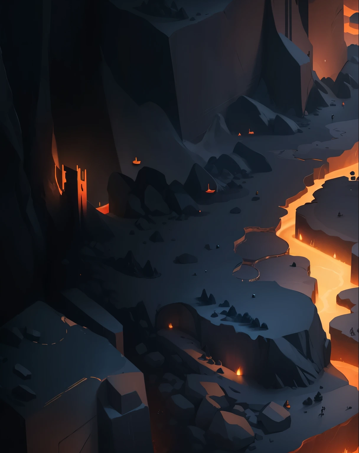 Volcano scene,There is a long lava stream in the middle.,Vertical Image,Cartoon,Isometric 2D Game Art, masterpiece, Super detailed good quality