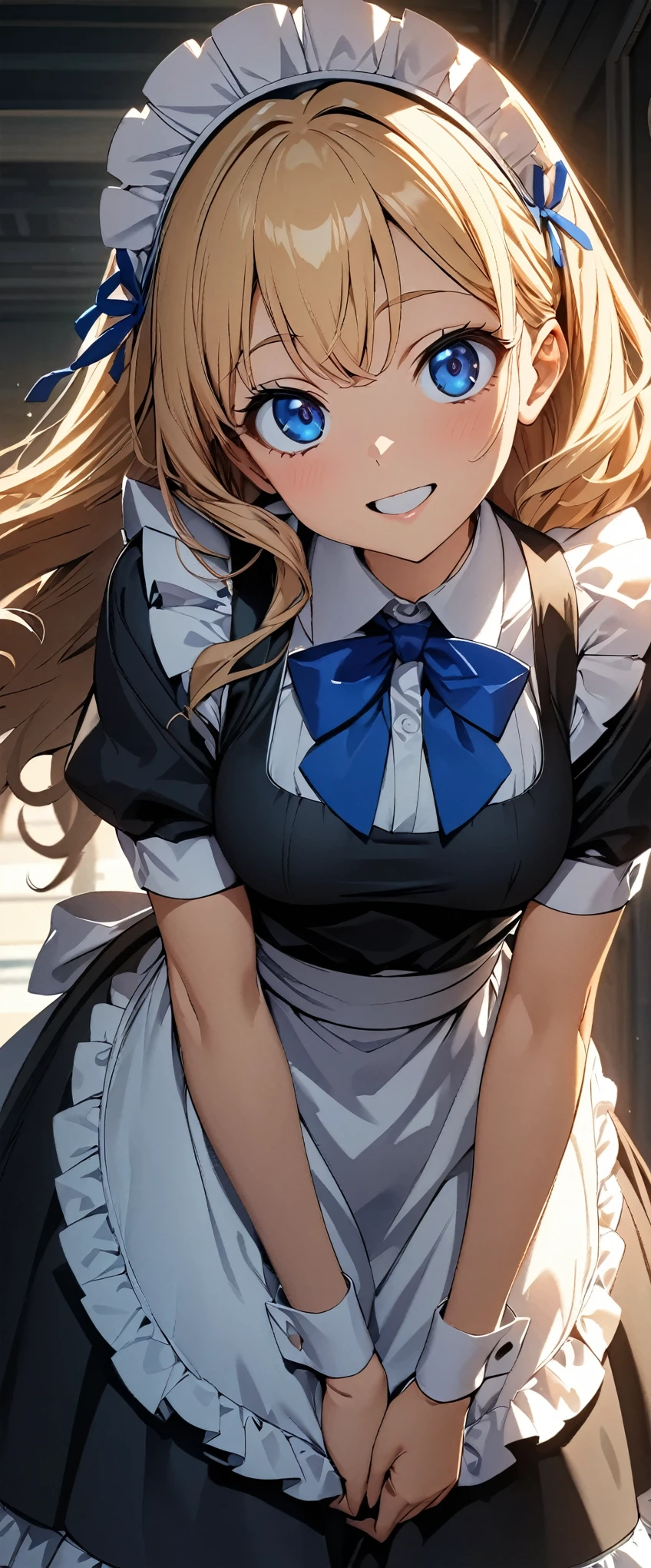 (highest quality:1.2, 4K, 8k, Studio Anime, Very detailed, up to date, Vibrant, High detail, High Contrast, masterpiece:1.2, highest quality, Best aesthetics), (((1 girl))), Leaning forward, Looking up, Maid, Maid服, Blue Ribbon, Frills, Open your mouth slightly:1.2, smile, With your hand, Get closer, Friendly atmosphere, Fun and young々Shii々Cool vibe, Precision and focus, Striking contrast,