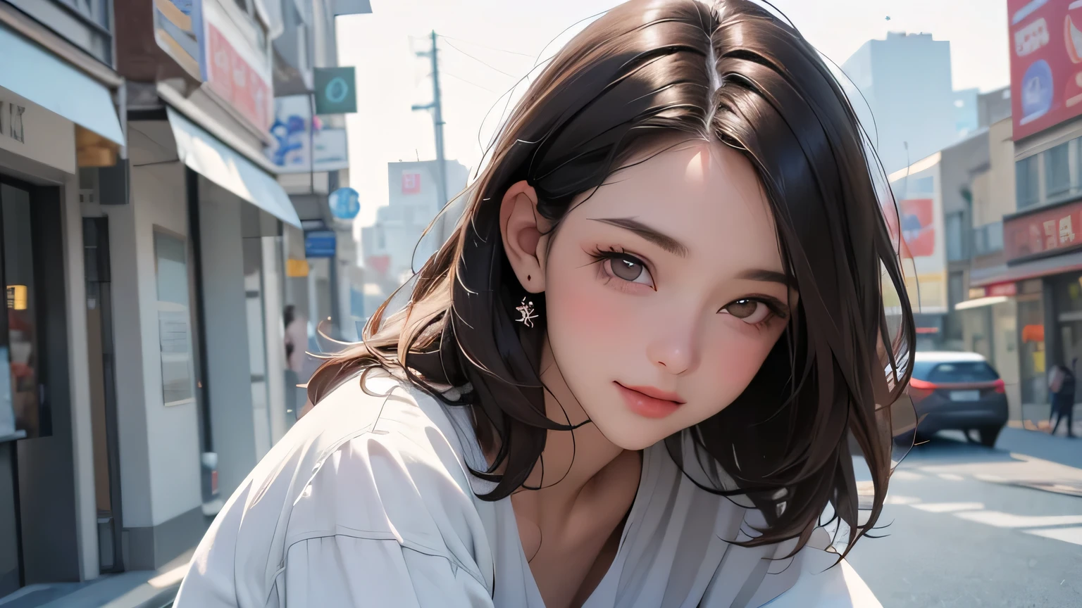 (masterpiece, best quality, 8k wallpaper, high resolution, ultra realistic), ,one girl,20 years old,junior high school girl,(masterpiece:1.2, best quality),(realistic, photorealistic:1.4),one girl,black hair,((masterpiece, best quality)),(RAW photo, best quality),(realistic, photorealistic:1.3),highly detailed,figure,very delicate and beautiful,very detailed,((best quality,8k,masterpiece:1.3)),one girl,laughing,full body esvian,slim face,pretty woman,short bob,(dark brown hair),light shirt,short pants:1.1,ultra detailed face,detailed eyes,double eyelids,blurry background,slim face,city,takeout,street,stay with dog:1.3,pet,staring at dog