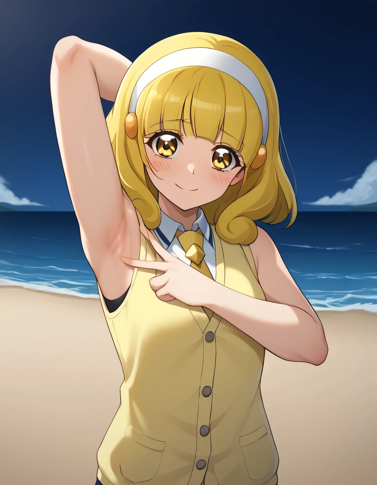 score_9, source_anime, rating_safe BREAK 1girl, solo
kise yayoi, yellow hair, yellow eyes, white hairband, hair ornament, medium hair, nanairogaoka middle , yellow necktie, yellow cardigan, (cowboy shot:1.5), solo, night sky, beach, arm behind head, contrapposto, spread armpits, looking at viewer, best quality, closed mouth, shy, presenting armpit, hand on own armpit, blushing, smile, sleeveless,