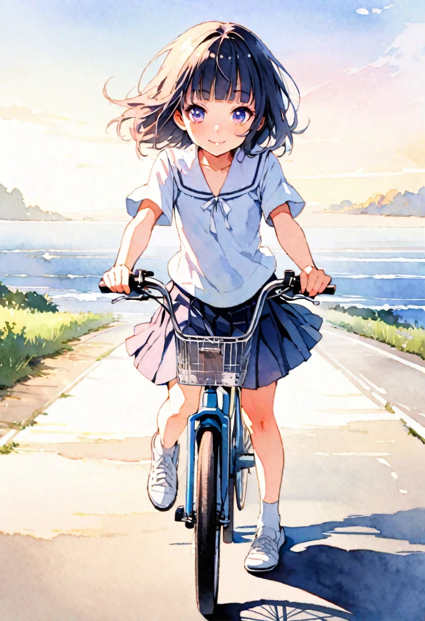 8k,best quality, masterpiece, ultra highres, ultra-detailed:1.2,japanese girl running on a bicycle,(,beautiful detailed face,(navy hair-color,wavy-short hair),parallel eyebrows,navy eyes with large irises,blunt bangs,small nose, fresh lips,small breasts),smile,detailed bicycle,BREAK,white school blouse,Dark blue pleated skirt,summer,early morning,(Watercolor:1.3),Road to the sea,