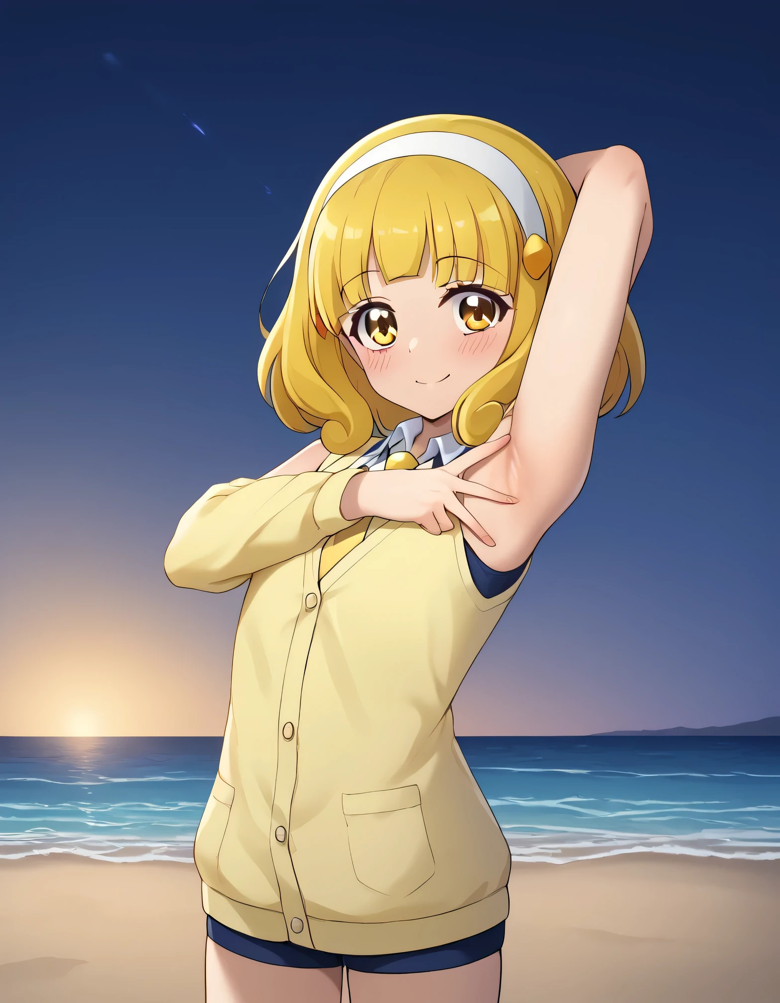 score_9, source_anime, rating_safe BREAK 1girl, solo
kise yayoi, yellow hair, yellow eyes, white hairband, hair ornament, medium hair, nanairogaoka middle , yellow necktie, yellow cardigan, (cowboy shot:1.5), solo, night sky, beach, arm behind head, contrapposto, spread armpits, looking at viewer, best quality, closed mouth, shy, presenting armpit, hand on own armpit, blushing, smile, sleeveless,