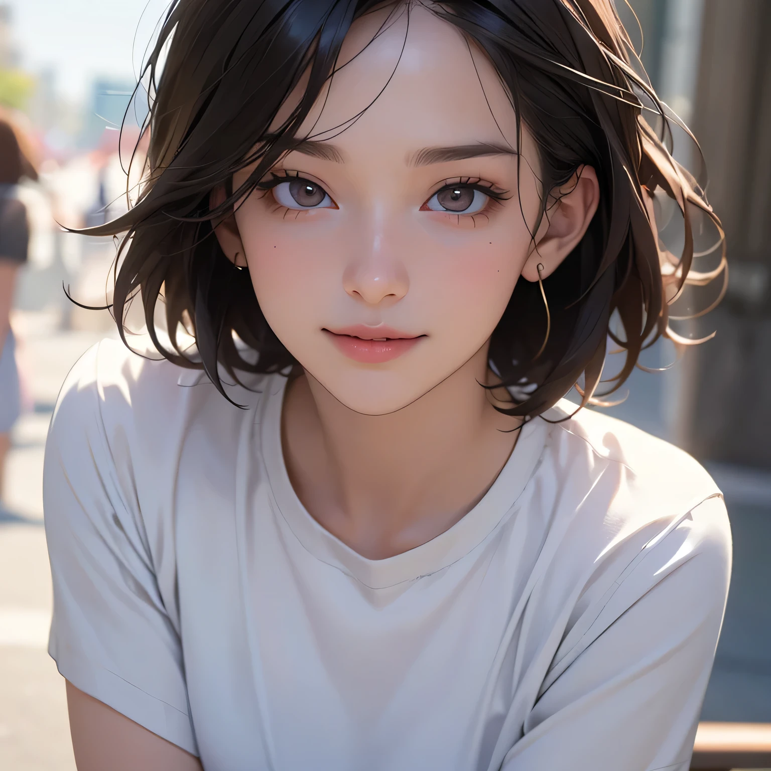 (masterpiece, best quality, 8k wallpaper, high resolution, ultra realistic), ,one girl,20 years old,junior high school girl,(masterpiece:1.2, best quality),(realistic, photorealistic:1.4),one girl,black hair,((masterpiece, best quality)),(RAW photo, best quality),(realistic, photorealistic:1.3),highly detailed,figure,very delicate and beautiful,very detailed,((best quality,8k,masterpiece:1.3)),one girl,laughing,full body esvian,slim face,pretty woman,short bob,(dark brown hair),light shirt,short pants:1.1,ultra detailed face,detailed eyes,double eyelids,blurry background,slim face,city,takeout,street,stay with dog:1.3,pet,staring at dog
