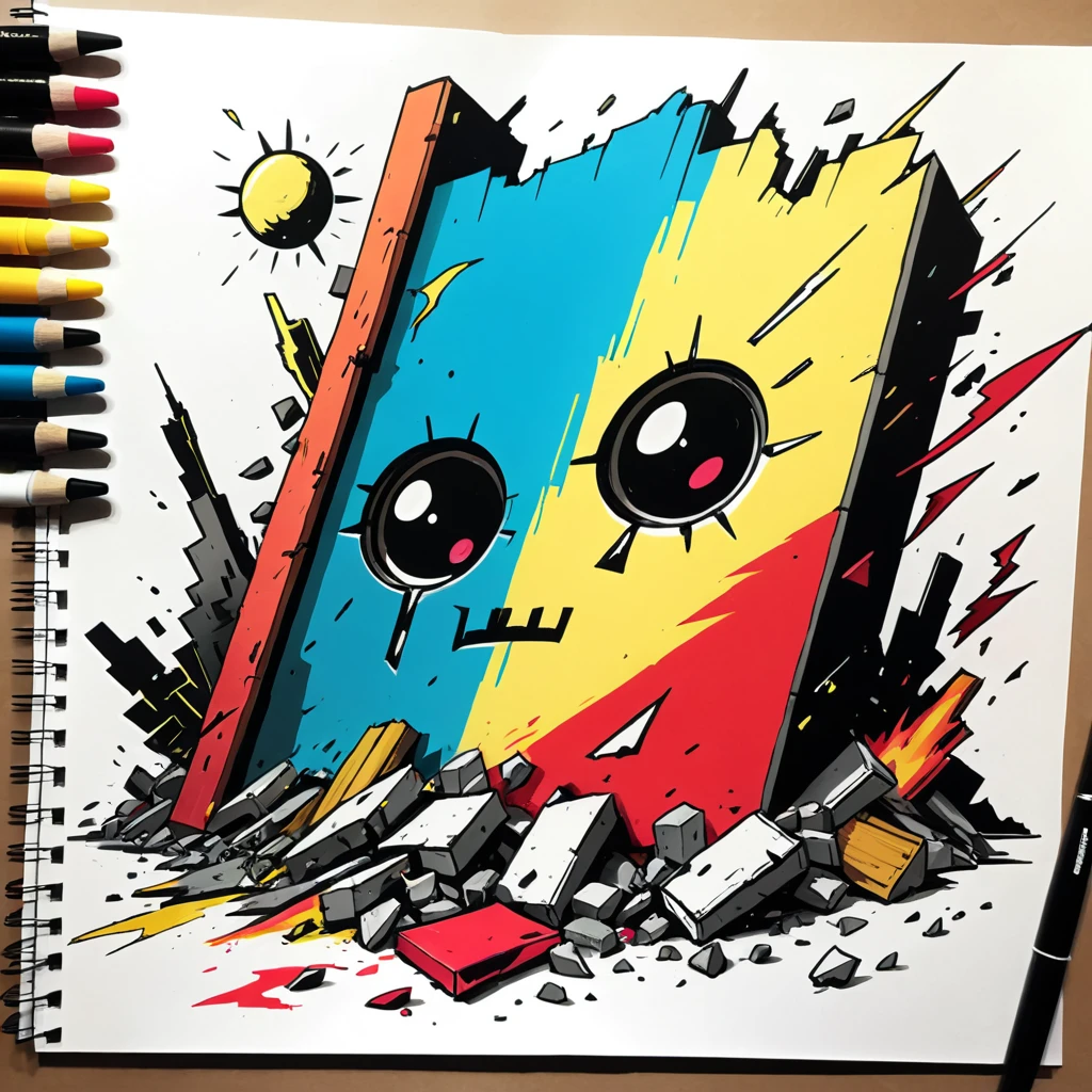 New Destruction in color sketch note quadratura art style