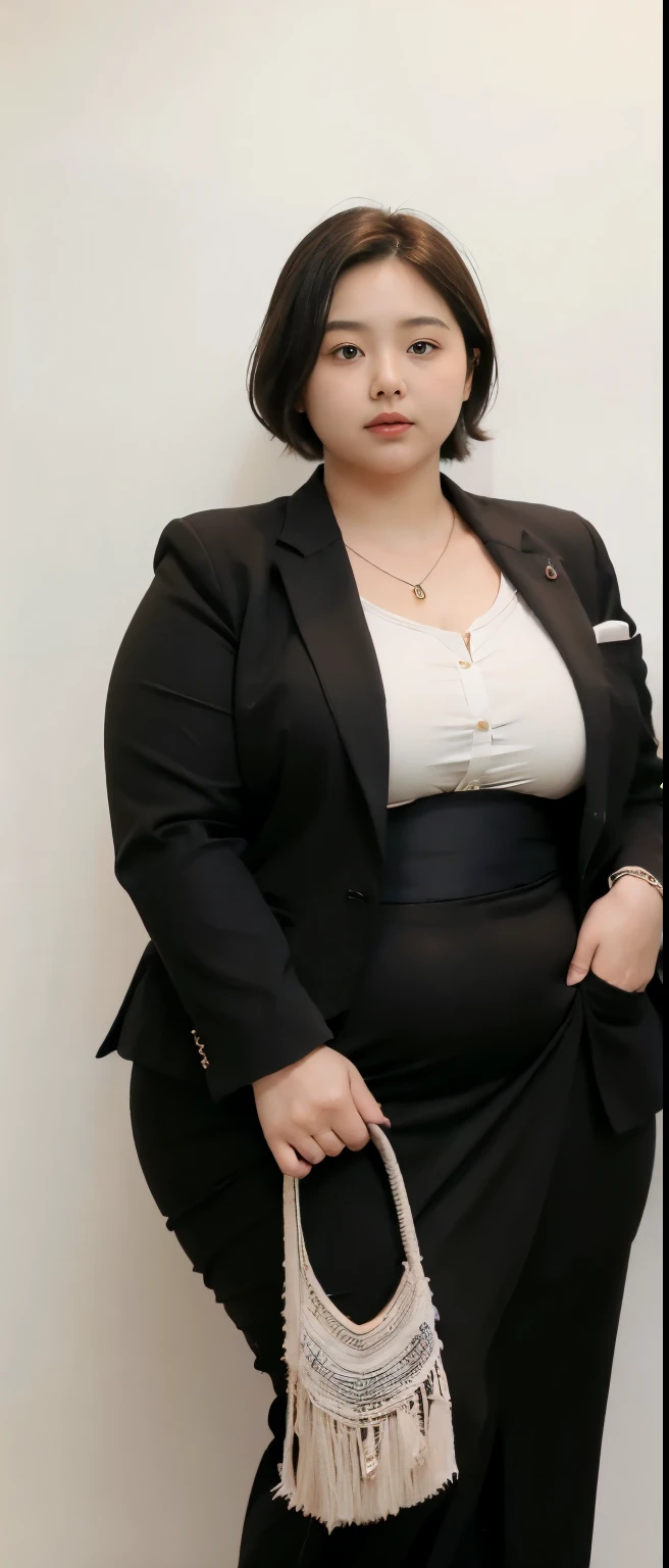 realisitic、Curvaceous woman in long hijab standing alone, Woman in black business suit with hijab, with a business suit on, businesswoman, Woman in business suit with hijab , Wearing a white collar shirt under a suit、thick skirt、tight skirts、Girl in a suit, female in tight office dress, , Girl in suit, young business woman, in a business suit, business outfit, Wear a suit、Office Suits、、professional photograpy、Does not expose the skin, Japanese Models,、,The skin is not exposed、fleshy body, large boob、 hard 、、big butts、Big belly、thick waist、Body without tone、thick thight、thick arms、Round face、Fat face、chubby cheeks、Sauce order、big eye、A dark-haired、short-haired、Standing facing the front、Left hand pose on the hip、Right hand is down in a pose、Straight back posture、Sun background、chinese-Indonesian woman , full body , bracelet , necklace , , short hairstyle , fat belly , thick hips , dark room , baby face , chubby cheeks , black room , wearing sneakers