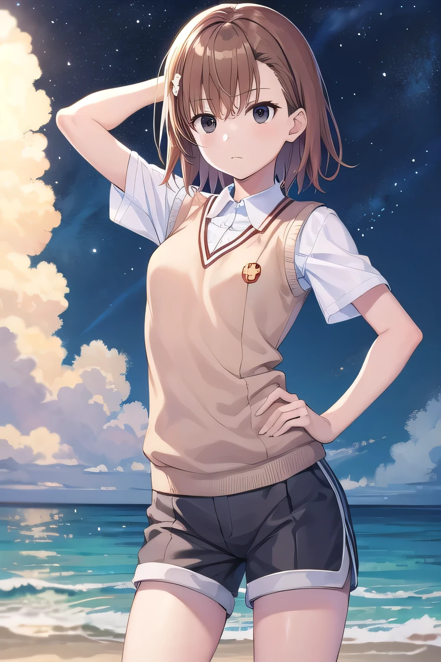 short hair, brown hair, black eyes, empty eyes, sweater vest, shirt, shorts, white shirt, pleated shorts, v-neck, short sleeves, tokiwadai , misaka imouto, solo, night sky, beach, arm behind head, hand on hip, contrapposto, spread armpits, closed mouth, (cowboy shot:1.5), looking at viewer, best quality,