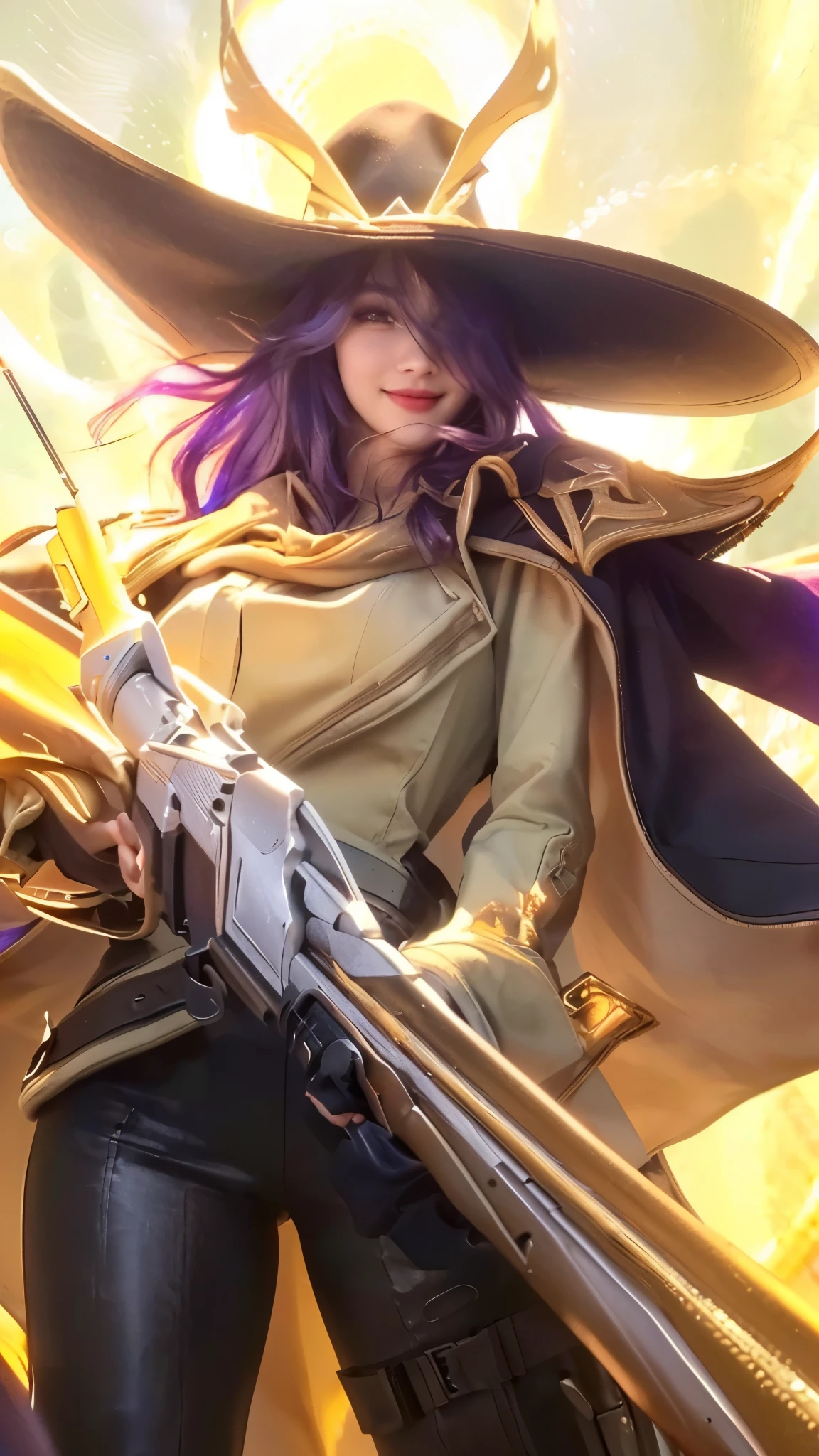a woman with violet hair, beautiful detailed eyes,beautiful detailed lips,extremely detailed face, wearing a black hat and long coat, holding a sniper rifle, smiling, (best quality,4k,8k,highres,masterpiece:1.2),ultra-detailed,(realistic,photorealistic,photo-realistic:1.37),portrait,dark,dramatic lighting