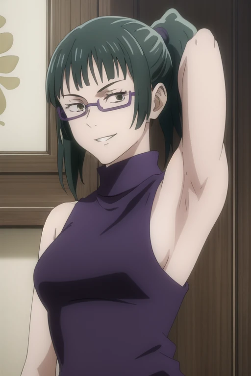 (masterpiece), (best quality), (ultra-detailed), (best illustration), (best shadow), (absurdres), ponytail hair, green hair, ((brown eyes)), maki zenin, 1girl, solo, bangs, wearing purple crotop, turtleneck, sleeveless, smile, looking at viewer, upper body, armpits, armpits visible, wearing purple glasses