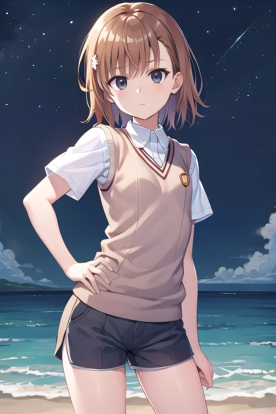 short hair, brown hair, black eyes, empty eyes, sweater vest, shirt, shorts, white shirt, pleated shorts, v-neck, short sleeves, tokiwadai , misaka imouto, solo, night sky, beach, arm behind head, hand on hip, contrapposto, spread armpits, closed mouth, (cowboy shot:1.5), looking at viewer, best quality,