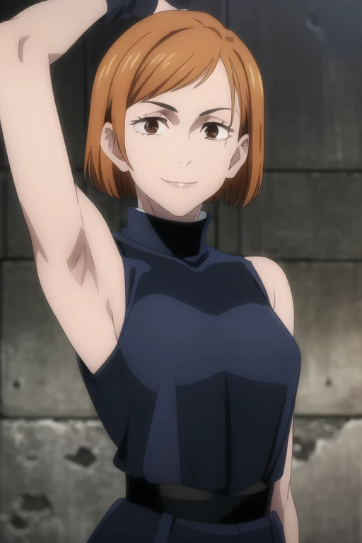 (masterpiece), (best quality), (ultra-detailed), (best illustration), (best shadow), (absurdres), short hair, orange hair, ((brown eyes)), kugisaki nobara, 1girl, solo, bangs, wearing black crotop, turtleneck, sleeveless, smile, looking at viewer, upper body, armpits, armpits visible,
