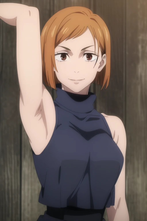 (masterpiece), (best quality), (ultra-detailed), (best illustration), (best shadow), (absurdres), short hair, orange hair, ((brown eyes)), kugisaki nobara, 1girl, solo, bangs, wearing black crotop, turtleneck, sleeveless, smile, looking at viewer, upper body, armpits, armpits visible,