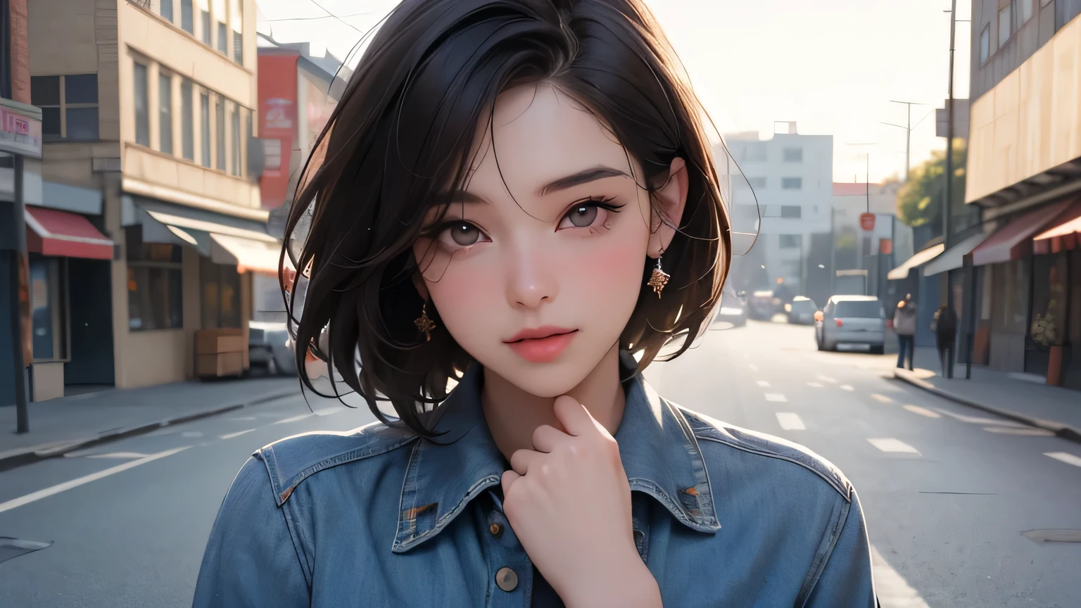 (masterpiece, best quality, 8k wallpaper, high resolution, ultra-realistic), ,one girl,20 years old,junior high school girl,(masterpiece:1.2, best quality),(realistic, photo-realistic:1.4),one girl,black hair,((masterpiece, best quality)),(RAW photo, best quality),(realistic, photo-realistic:1.3),highly detailed,figure,very delicate and beautiful,very detailed,((best quality,8k,masterpiece:1.3)),one girl,laughing,full body esvian,slim face,pretty woman,short bob,(dark brown hair),stay with dog:1.3,pet,staring at dog,thin shirt,short pants:1.1,ultra-detailed face,detailed eyes,double eyelids,blurry background,slim face,city,takeout,street,