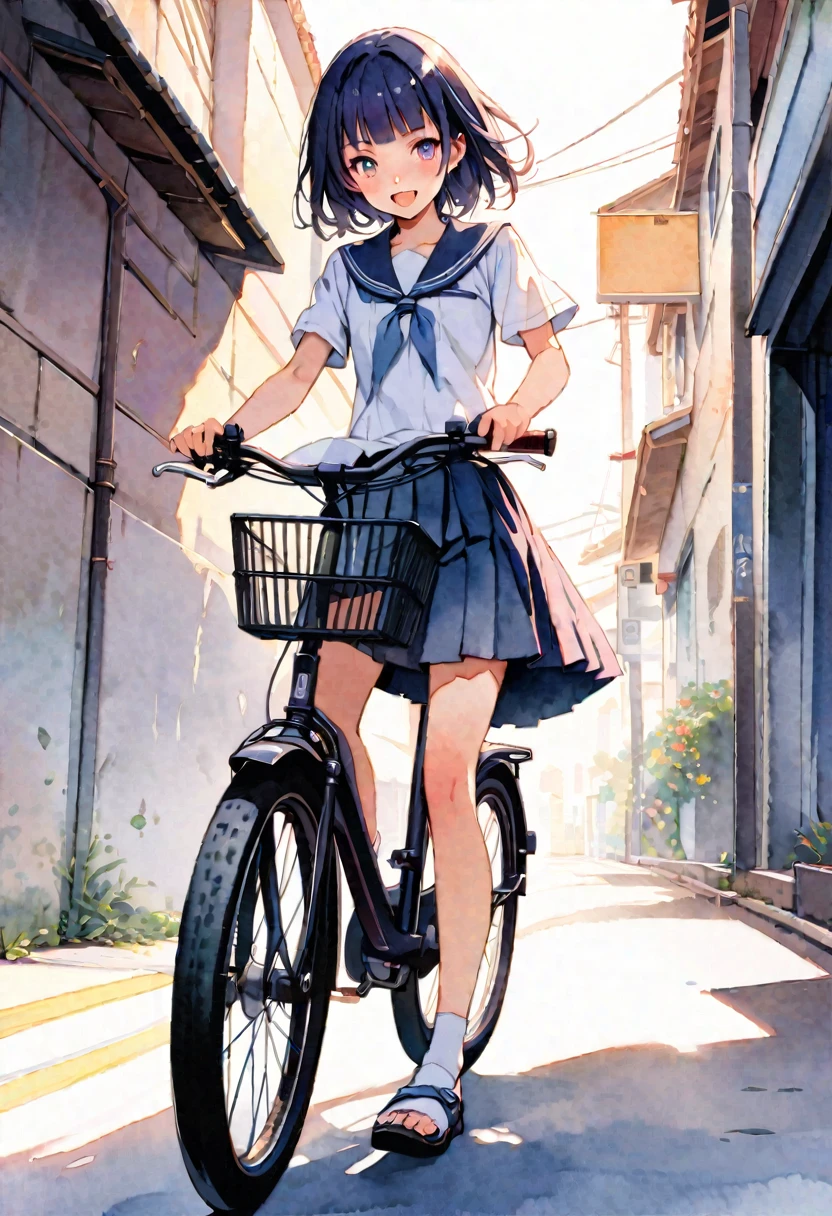 8k,best quality, masterpiece, ultra highres, ultra-detailed:1.2,japanese girl running on a bicycle,(16yo,beautiful detailed face,(navy hair-color,wavy-short hair),parallel eyebrows,navy eyes with large irises,blunt bangs,small nose, fresh lips,open mouth,small breasts),smile,detailed bicycle,BREAK,white school blouse,Dark blue pleated skirt,summer,early morning,(Watercolor:1.3),Road to the sea,