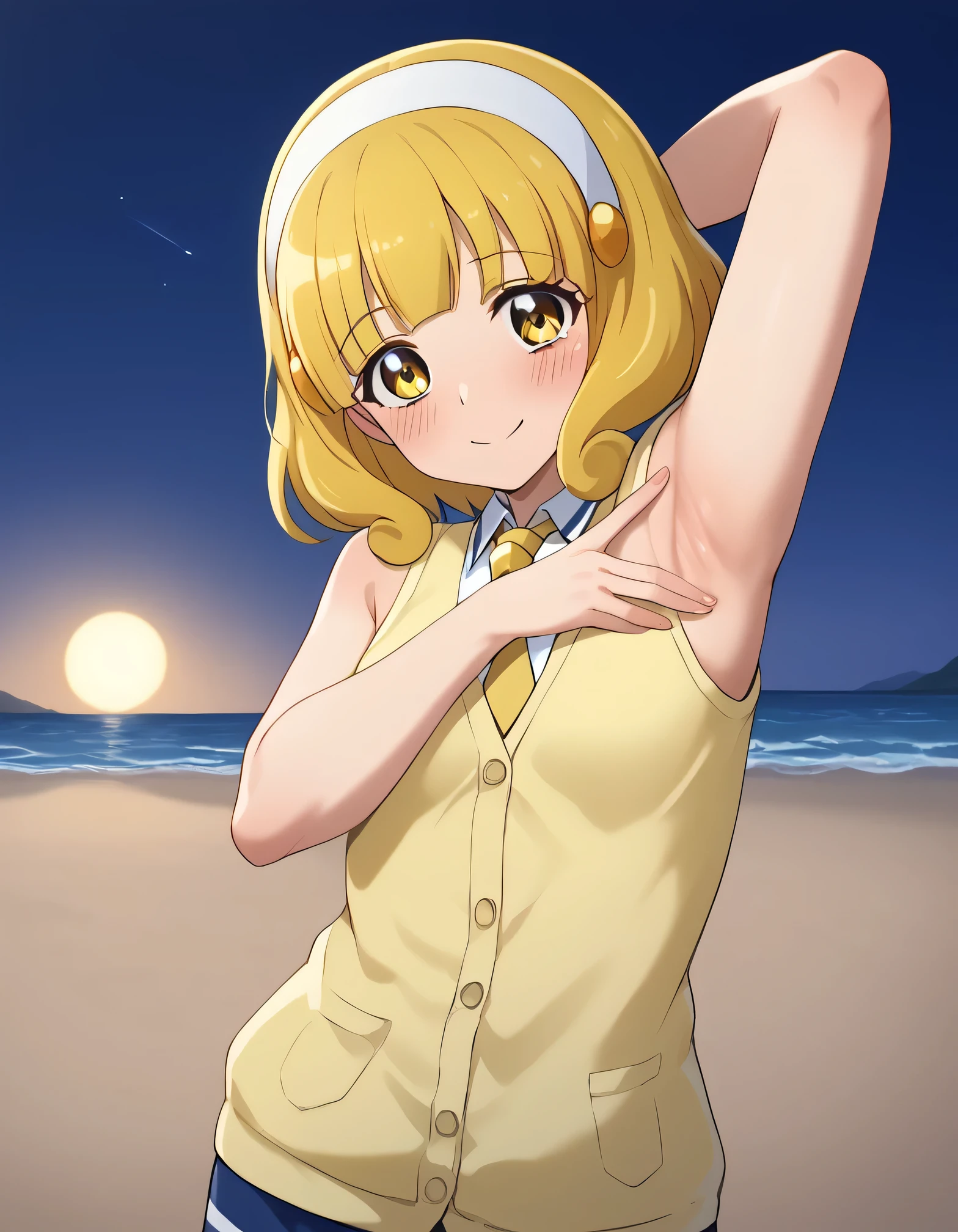 score_9, source_anime, rating_safe BREAK 1girl, solo
kise yayoi, yellow hair, yellow eyes, white hairband, hair ornament, medium hair, nanairogaoka middle , yellow necktie, yellow cardigan, (cowboy shot:1.5), solo, night sky, beach, arm behind head, contrapposto, spread armpits, looking at viewer, best quality, closed mouth, shy, presenting armpit, hand on own armpit, blushing, smile, sleeveless,
