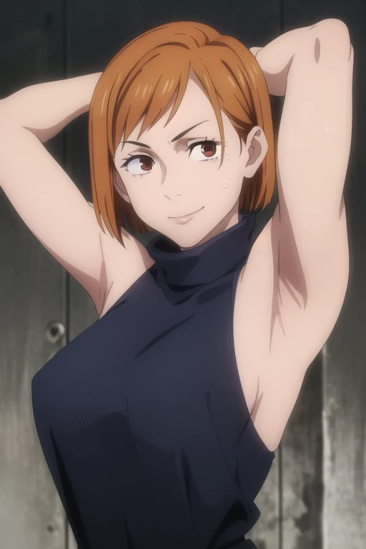 (masterpiece), (best quality), (ultra-detailed), (best illustration), (best shadow), (absurdres), short hair, orange hair, ((brown eyes)), kugisaki nobara, 1girl, solo, bangs, wearing black crotop, turtleneck, sleeveless, smile, looking at viewer, upper body, armpits, armpits visible, sweaty armpits