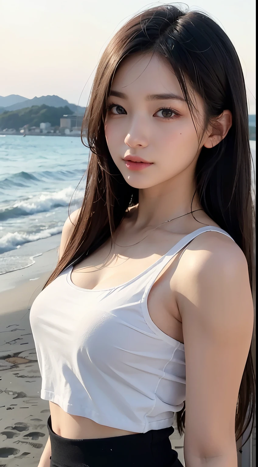 (logo、masterpiece、8k、Tabletop、RAW Photos、wonderful、最high quality、Photorealistic and Very detailed CG integrated 8k wallpaper、high quality、Very detailed、Narrative poem、Particle Effects、Dynamic Effects、Written boundary depth、Cinematic Light、Lens flare、Ray Tracing)、Fantasy、 (One beautiful woman、White pants、White T-shirt、White tube top、White crop top、Black-haired、Beautiful Face、True Face、Beautiful details、eye、Beautiful Skin、Ultimate Body、glamorous)、私の髪はWindに舞う、Hair flutters in Wind、Hair bounces、Seaside、wonderful景色、Coastal、sunrise、Sun in the background、Wind、Beach
