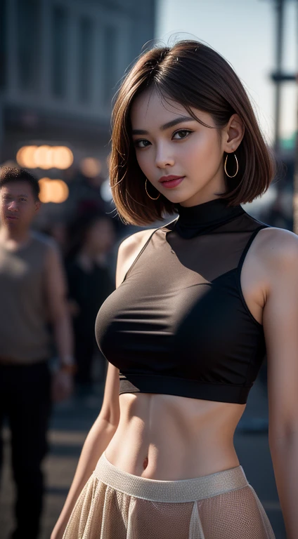 8k, masterpiece, RAW photo, best quality, photorealistic, extremely detailed CG unity 8k wallpaper, Depth of field, Cinematic Light, Lens Flare, Ray tracing, (extremely beautiful face, beautiful lips, beautiful eyes), intricate detail face, ((ultra detailed skin)) 1girl, in the dark, deep shadow, pretty asian girl, 1 girl, (very slim slender fit-muscled body:1.3), ((looking at the viewer)),(big smile:1.3), (fashion walking, night, (neon sign), (blurred background), garden sunlight),(with people in the background:2.3), beautiful earrings, bracelets, necklace, pantyhose, clear eyes, (pale skin), (big eyes), face forward, ((upper full body shot)), (looking at viewer:2) very slim, medium breasts, (Ultra-realistic, gazing at the viewer, (hight resolution), (8K), (ighly detailed), (Brown hair, short-hair), (Woman in black shirt), (see through tight blouse), (Slim body), mini red skirt