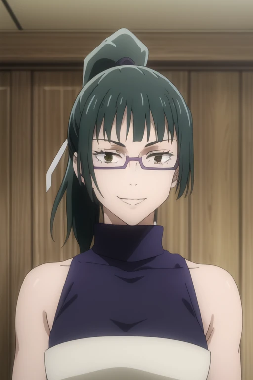 (masterpiece), (best quality), (ultra-detailed), (best illustration), (best shadow), (absurdres), ponytail hair, green hair, ((brown eyes)), maki zenin, 1girl, solo, bangs, wearing purple crotop, turtleneck, sleeveless, smile, looking at viewer, upper body, armpits, armpits visible, sweaty armpits, wearing purple glasses