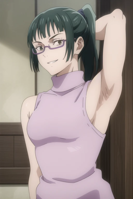 (masterpiece), (best quality), (ultra-detailed), (best illustration), (best shadow), (absurdres), ponytail hair, green hair, ((brown eyes)), maki zenin, 1girl, solo, bangs, wearing purple crotop, turtleneck, sleeveless, smile, looking at viewer, upper body, armpits, armpits visible, sweaty armpits, wearing purple glasses